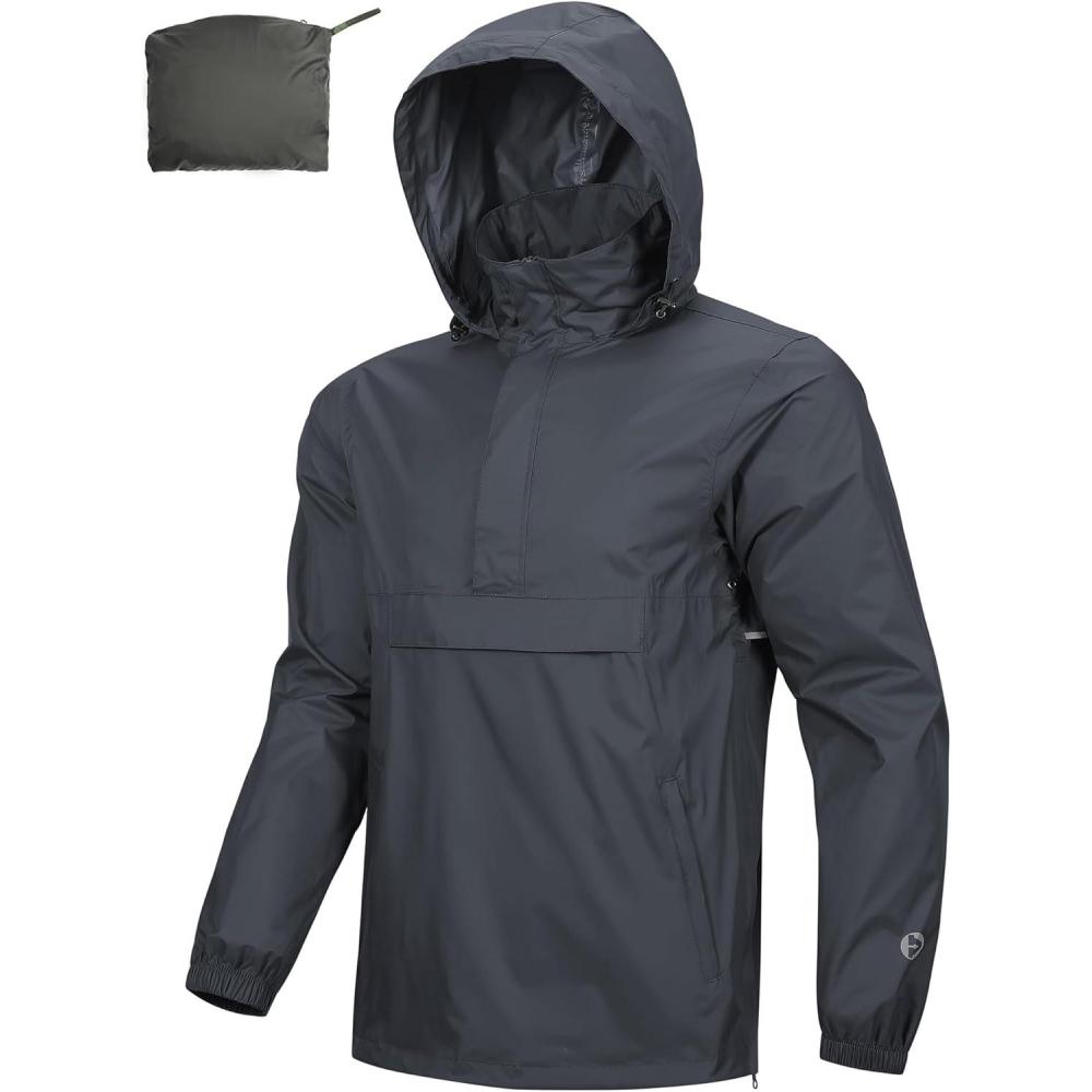 Outdoor Ventures Men’s Rain Jacket Waterproof Lightweight Packable Rain Pullover for Hiking Golf Running(Grey)