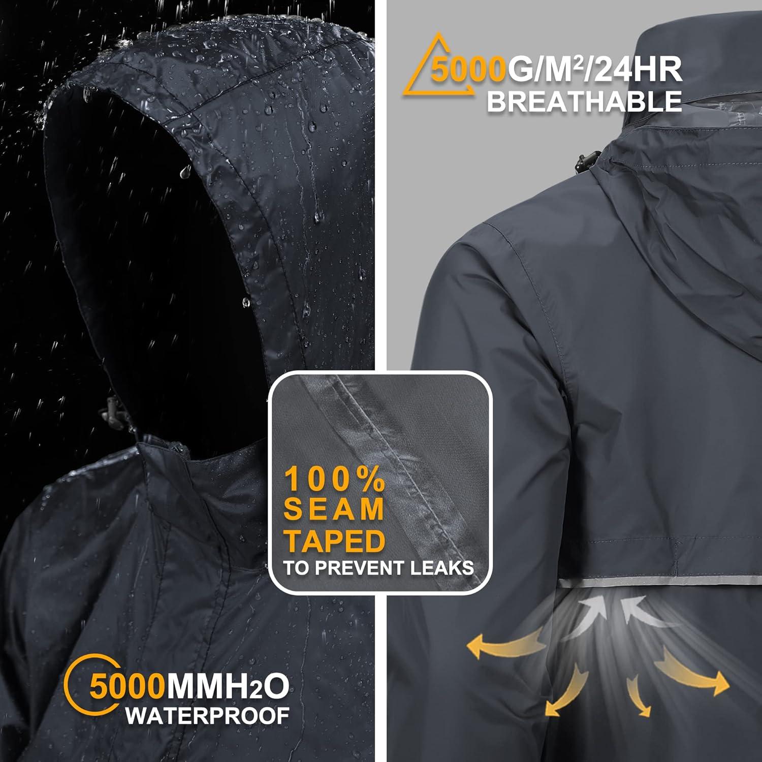 Outdoor Ventures Men’s Rain Jacket Waterproof Lightweight Packable Rain Pullover for Hiking Golf Running(Grey)