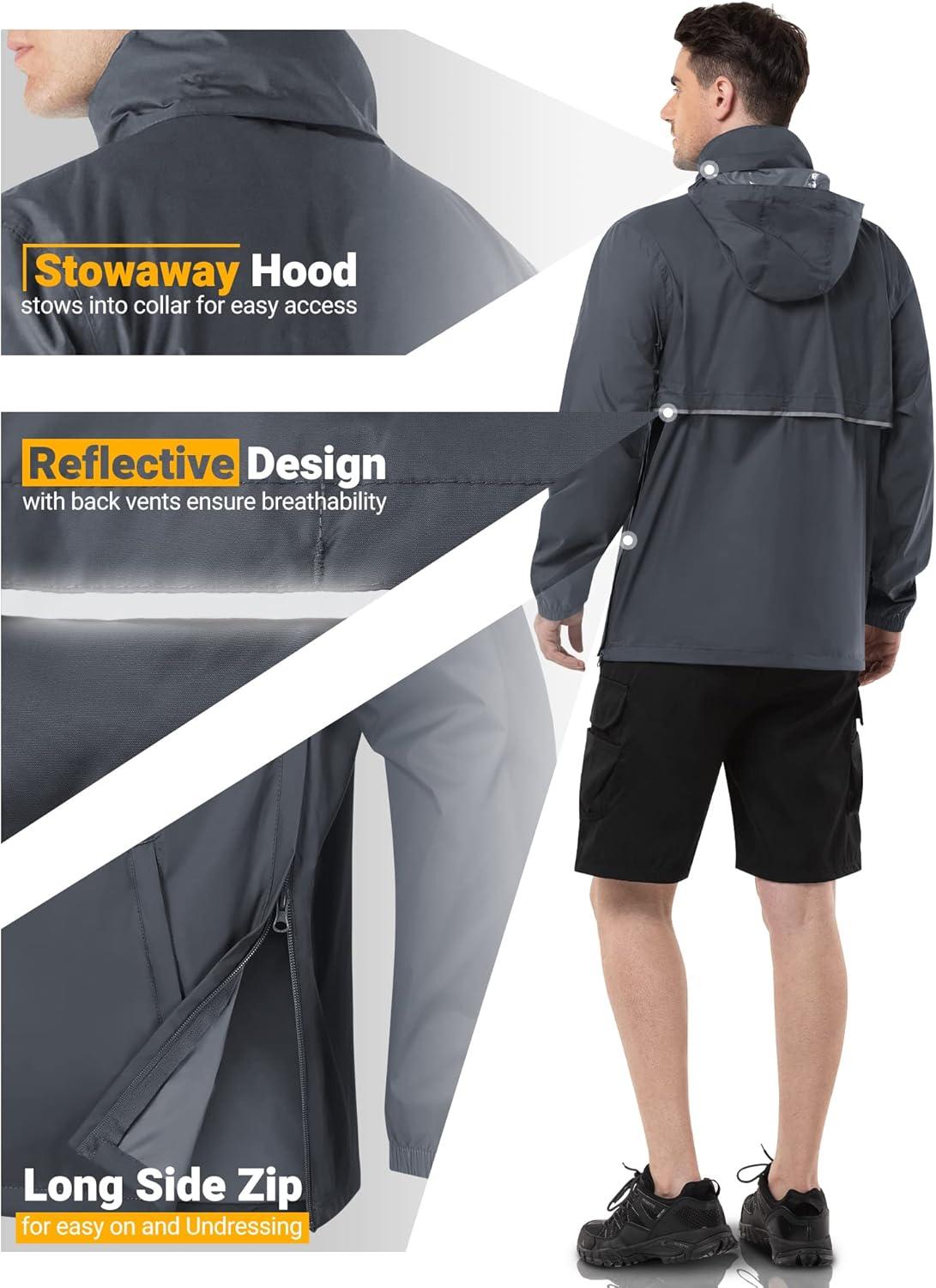 Outdoor Ventures Men’s Rain Jacket Waterproof Lightweight Packable Rain Pullover for Hiking Golf Running(Grey)