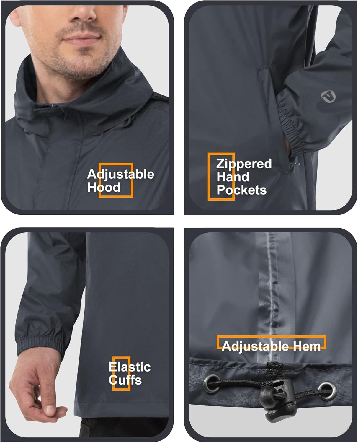 Outdoor Ventures Men’s Rain Jacket Waterproof Lightweight Packable Rain Pullover for Hiking Golf Running(Grey)