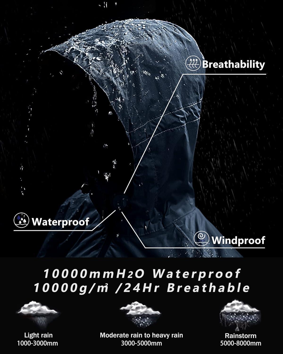 Outdoor Ventures Men’s Packable Rain Jacket Waterproof Lightweight Raincoat with Hood Windproof Cycling Jackets(Standard Blue)