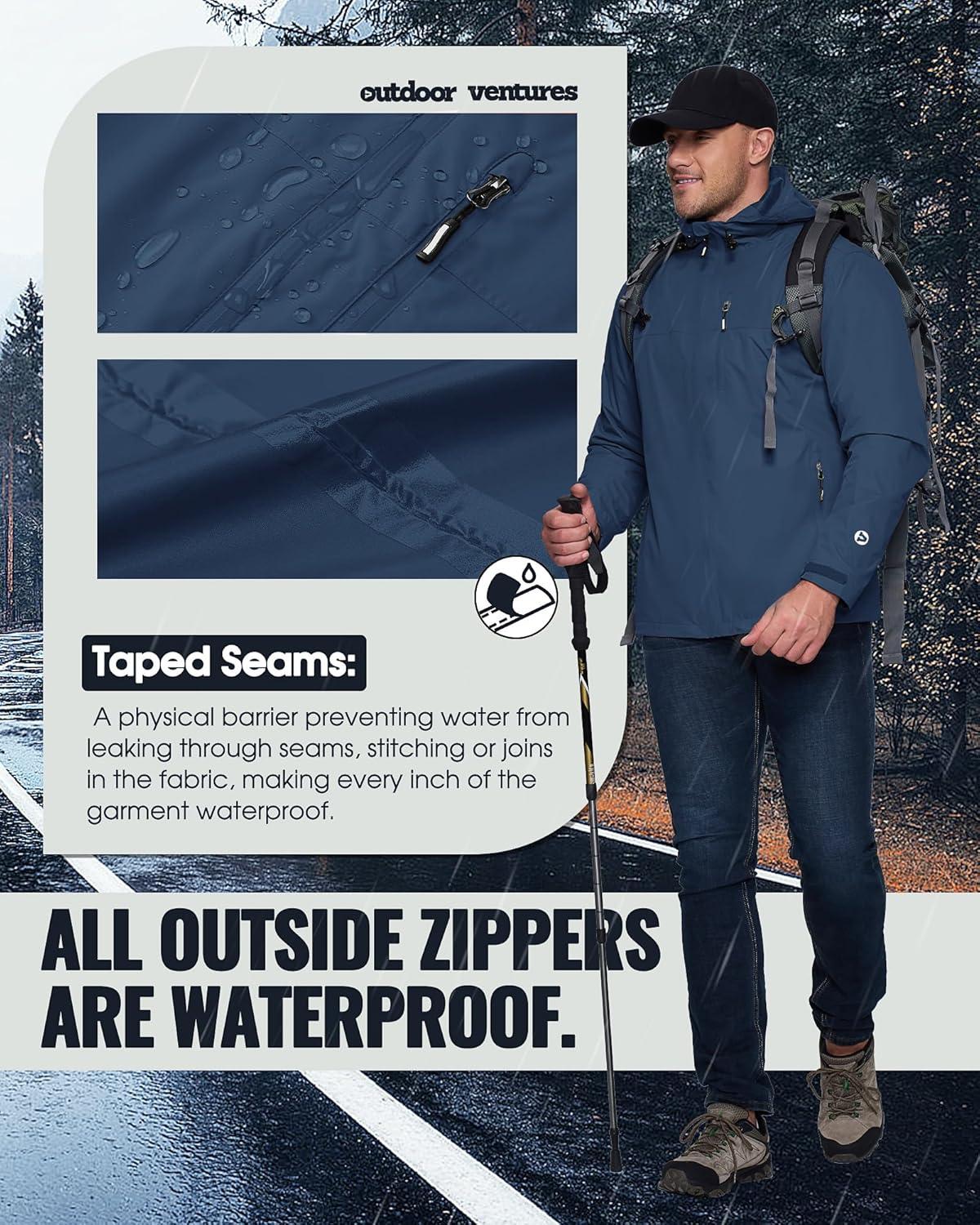 Outdoor Ventures Men’s Packable Rain Jacket Waterproof Lightweight Raincoat with Hood Windproof Cycling Jackets(Standard Blue)
