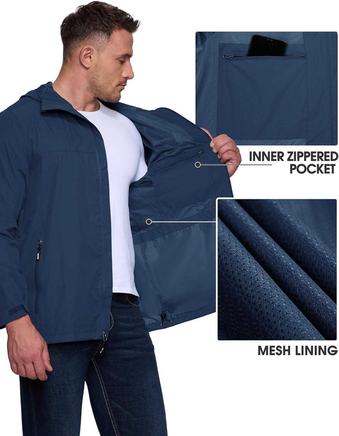 Outdoor Ventures Men’s Packable Rain Jacket Waterproof Lightweight Raincoat with Hood Windproof Cycling Jackets(Standard Blue)
