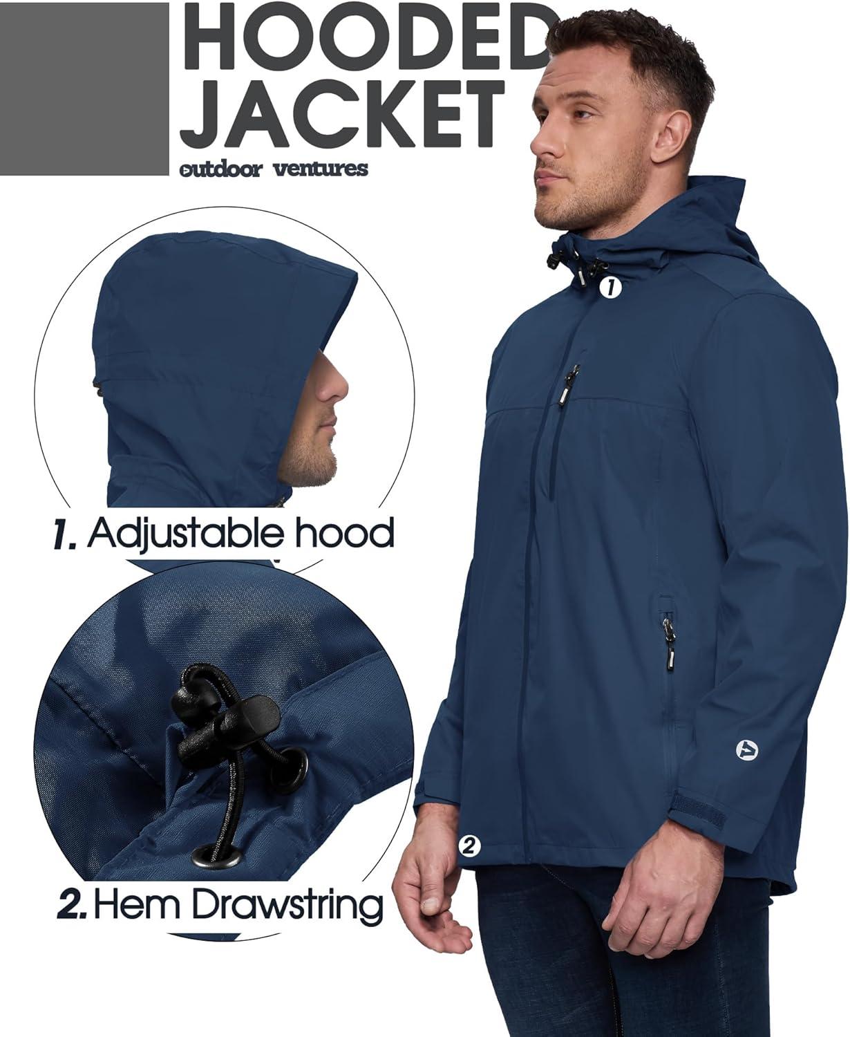 Outdoor Ventures Men’s Packable Rain Jacket Waterproof Lightweight Raincoat with Hood Windproof Cycling Jackets(Standard Blue)