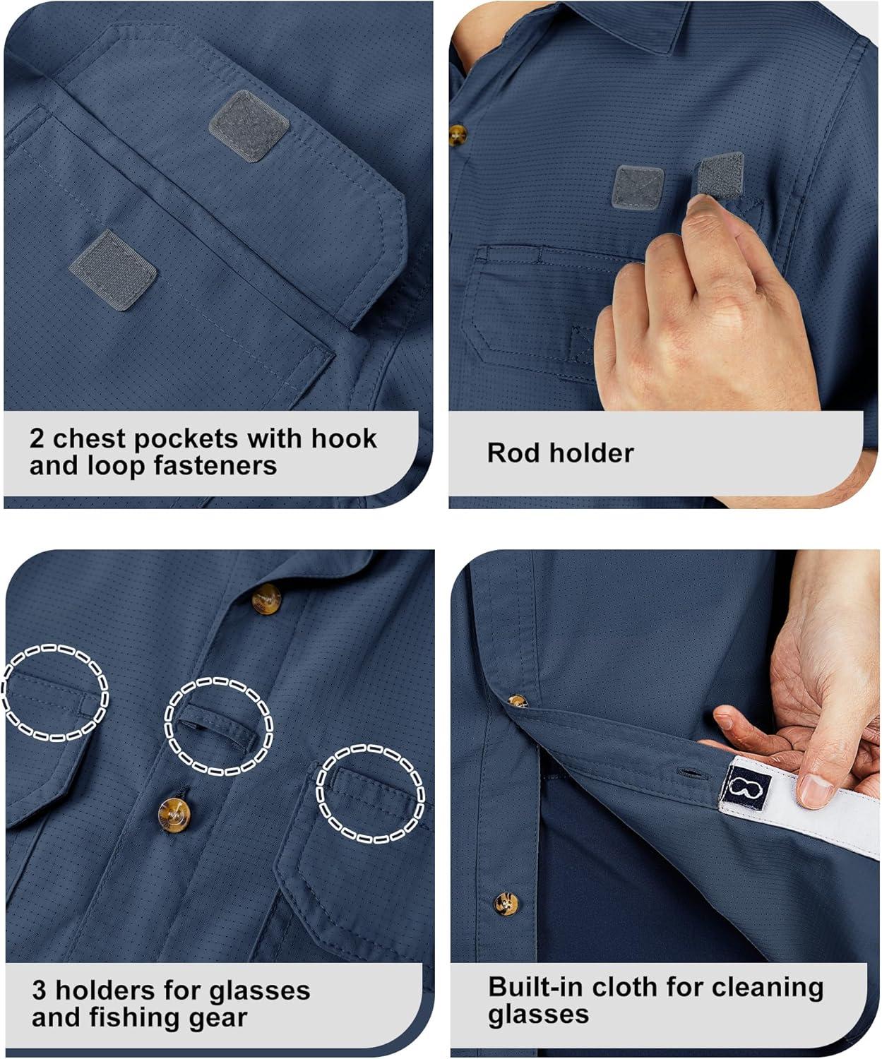 Outdoor Ventures Men’s Lightweight Short Sleeve Fishing Shirt UPF 50 Button Down Quick Dry Cooling Hiking Travel Safari Shirt(Navy)