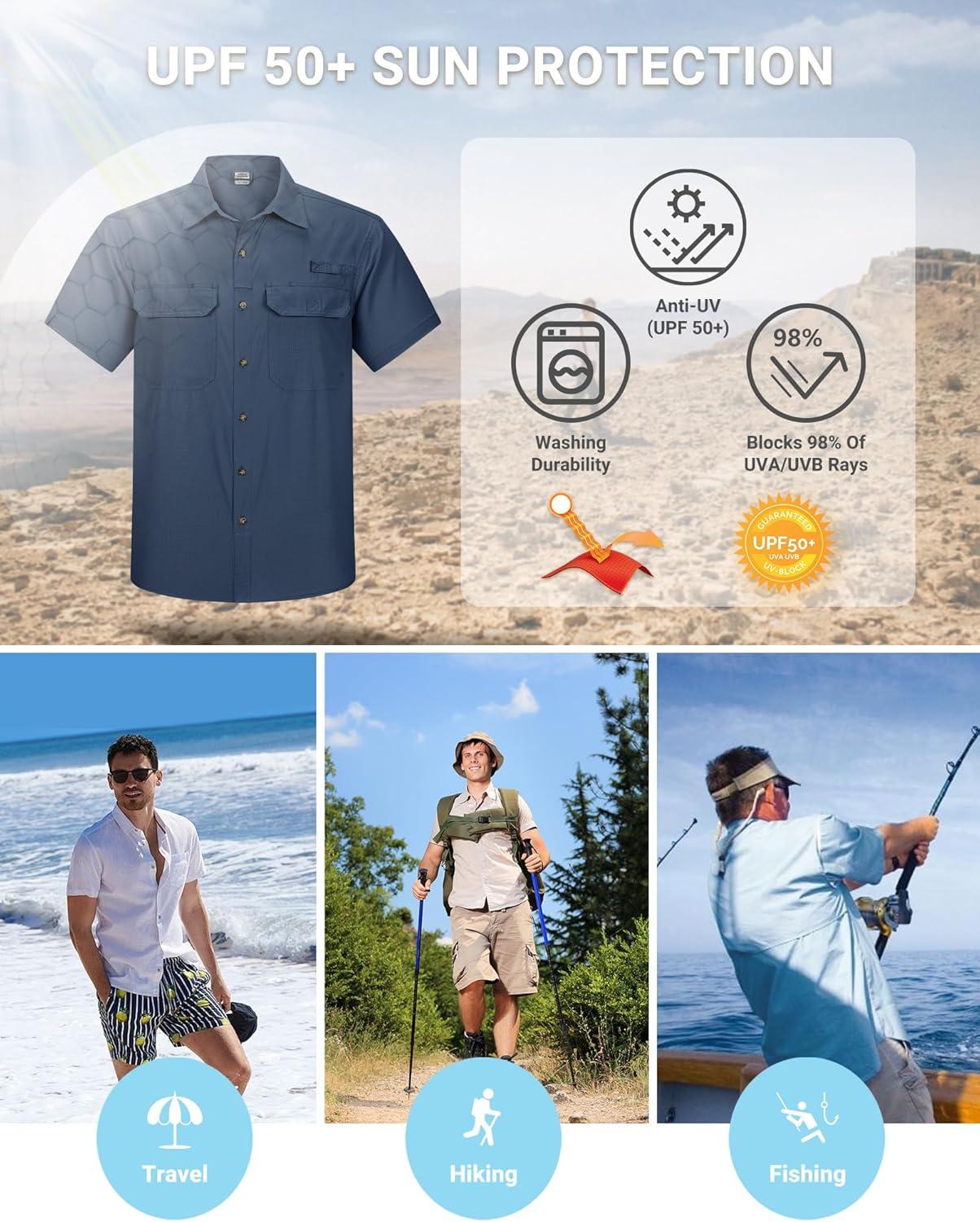 Outdoor Ventures Men’s Lightweight Short Sleeve Fishing Shirt UPF 50 Button Down Quick Dry Cooling Hiking Travel Safari Shirt(Navy)