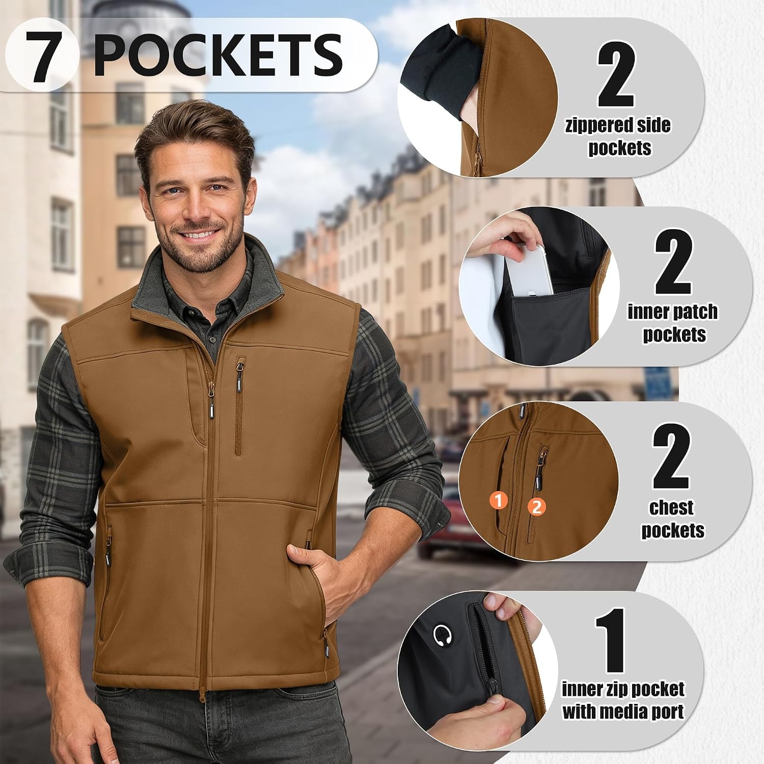 Outdoor Ventures Men’s Winter Golf Vest Outerwear Lightweight Fleece Lined(Rubber Brown)