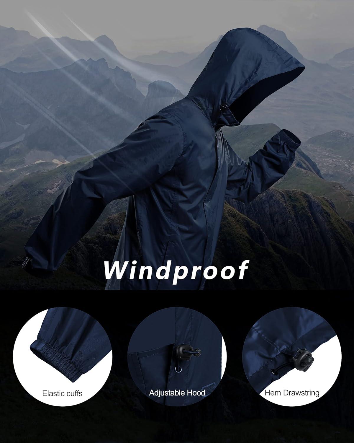 Outdoor Ventures Men’s Rain Jacket Waterproof Lightweight Packable Rain Shell Raincoat with Hood for Golf Hiking Travel(Navy Blue)
