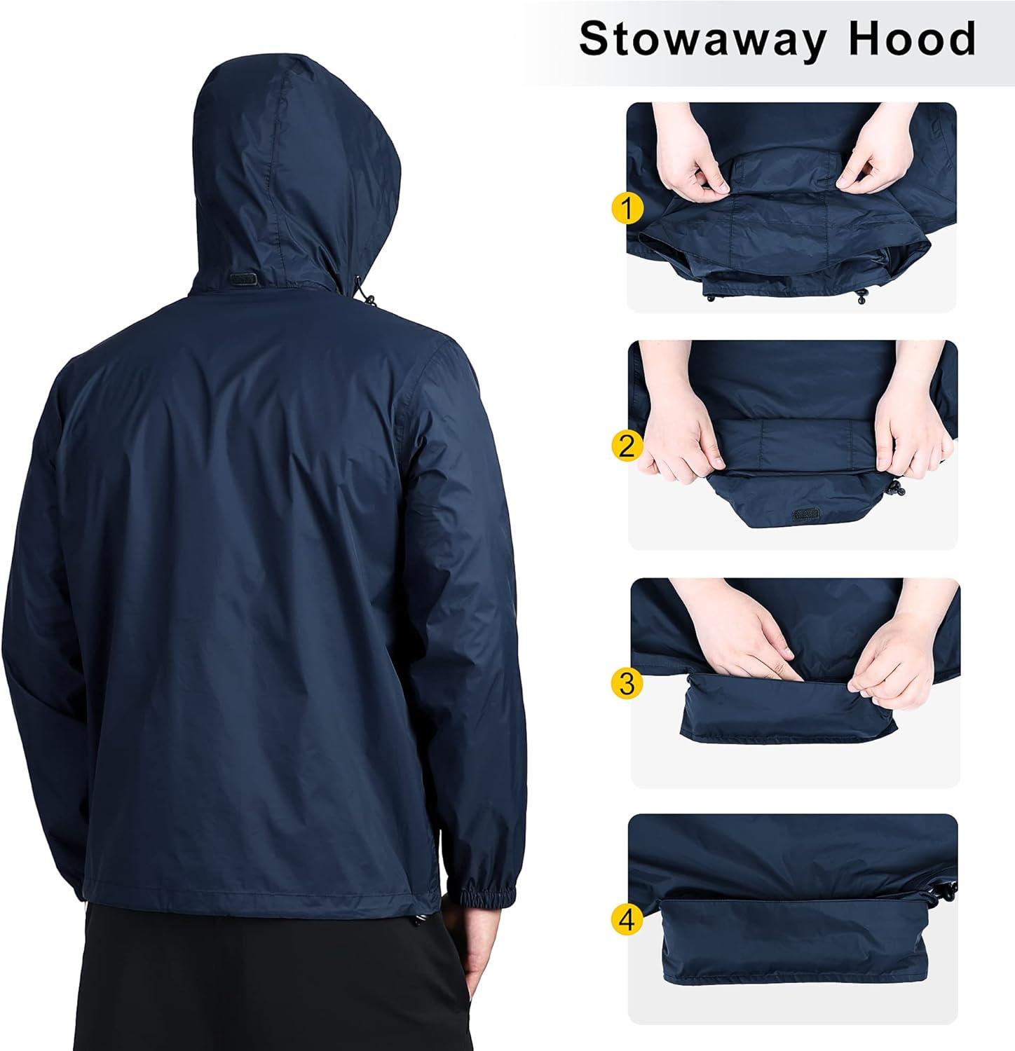 Outdoor Ventures Men’s Rain Jacket Waterproof Lightweight Packable Rain Shell Raincoat with Hood for Golf Hiking Travel(Navy Blue)