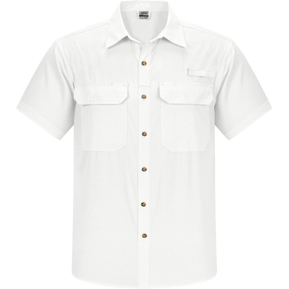 Outdoor Ventures Men’s Lightweight Short Sleeve Fishing Shirt UPF 50 Button Down Quick Dry Cooling Hiking Travel Safari Shirt(White)