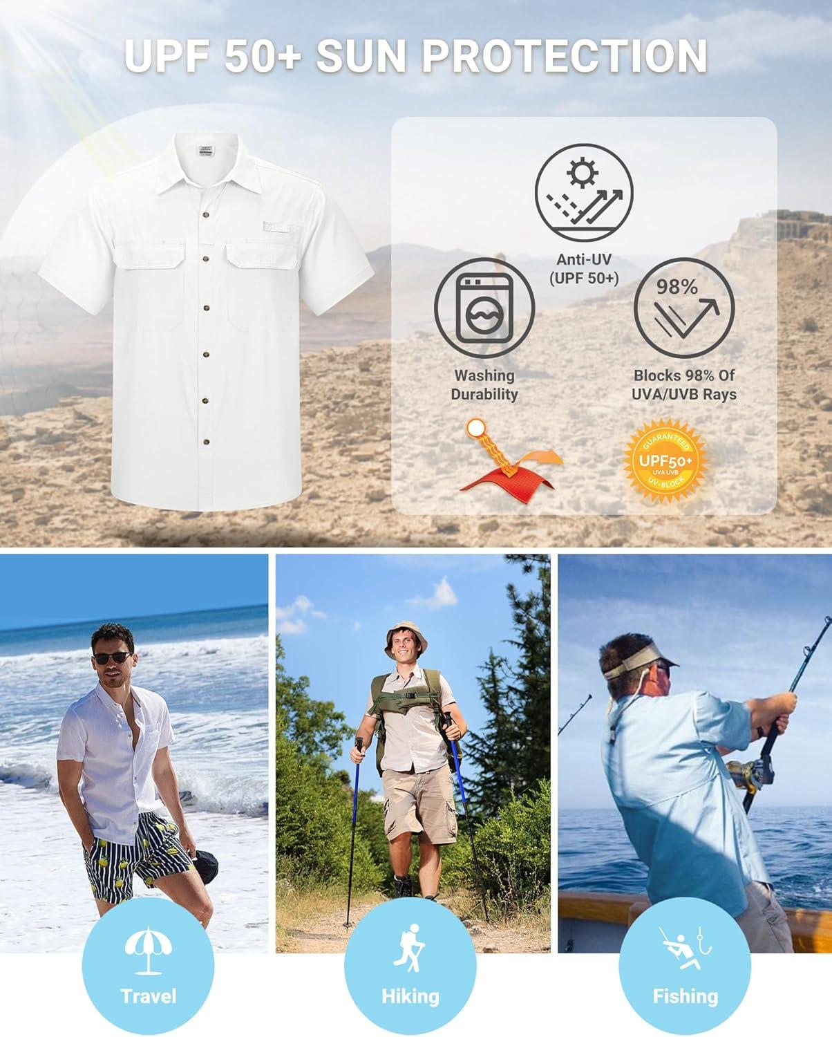 Outdoor Ventures Men’s Lightweight Short Sleeve Fishing Shirt UPF 50 Button Down Quick Dry Cooling Hiking Travel Safari Shirt(White)
