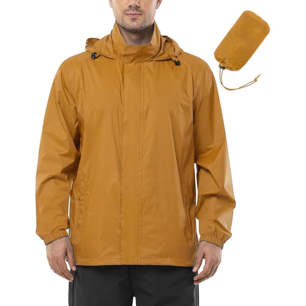 Outdoor Ventures Men’s Rain Jacket Waterproof Lightweight Packable Rain Shell Raincoat with Hood for Golf Hiking Travel(Golden Yellow)