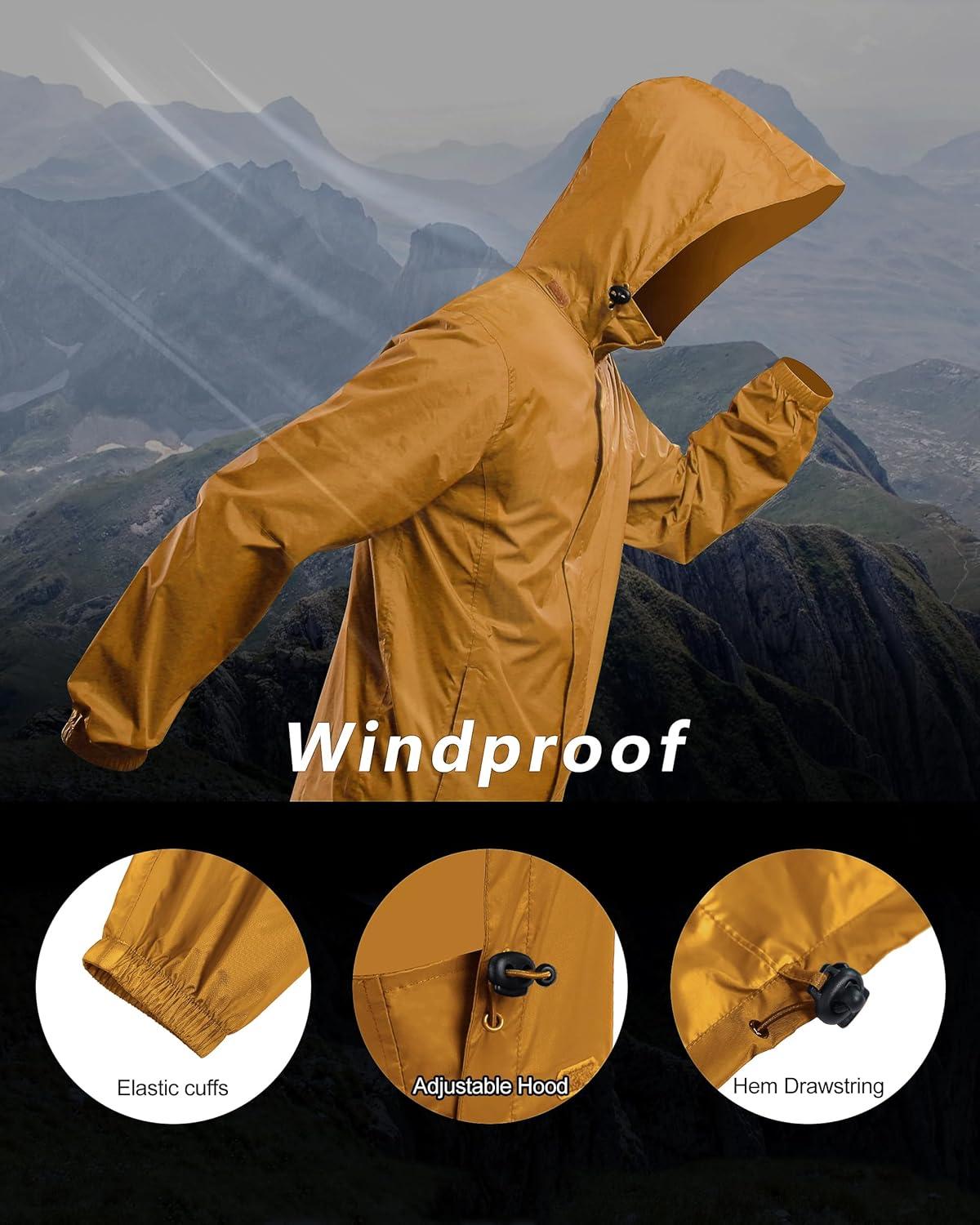 Outdoor Ventures Men’s Rain Jacket Waterproof Lightweight Packable Rain Shell Raincoat with Hood for Golf Hiking Travel(Golden Yellow)