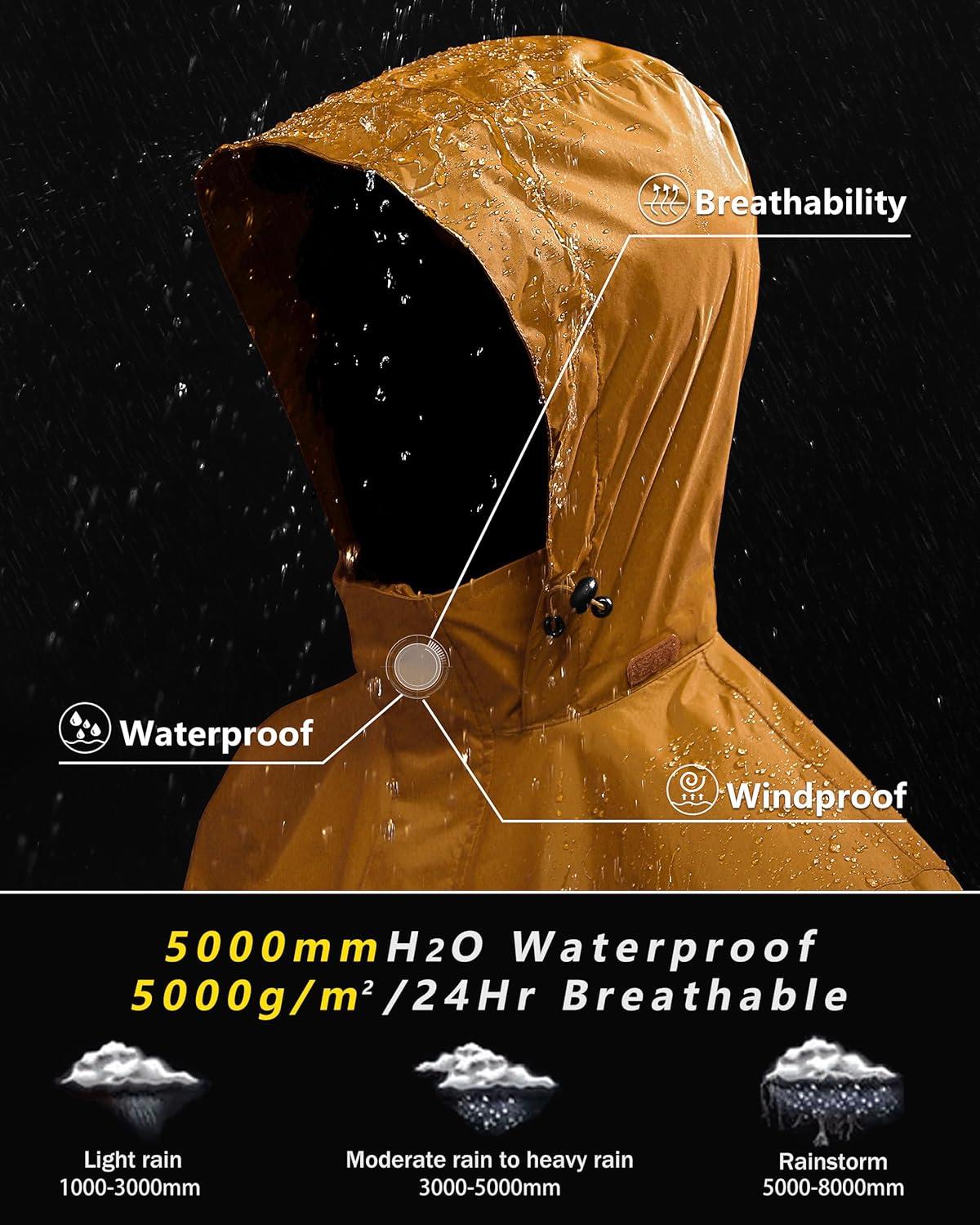 Outdoor Ventures Men’s Rain Jacket Waterproof Lightweight Packable Rain Shell Raincoat with Hood for Golf Hiking Travel(Golden Yellow)