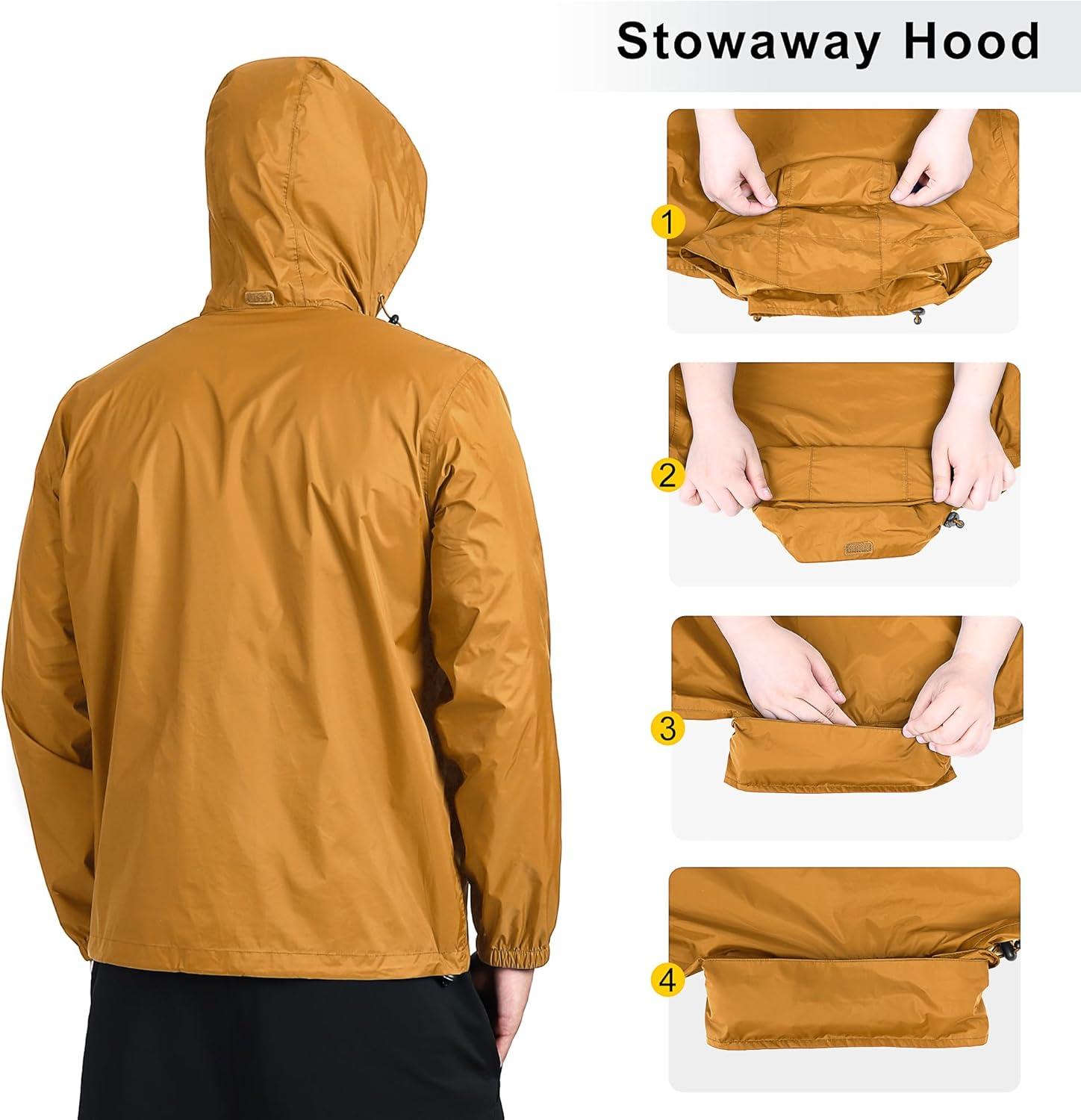 Outdoor Ventures Men’s Rain Jacket Waterproof Lightweight Packable Rain Shell Raincoat with Hood for Golf Hiking Travel(Golden Yellow)