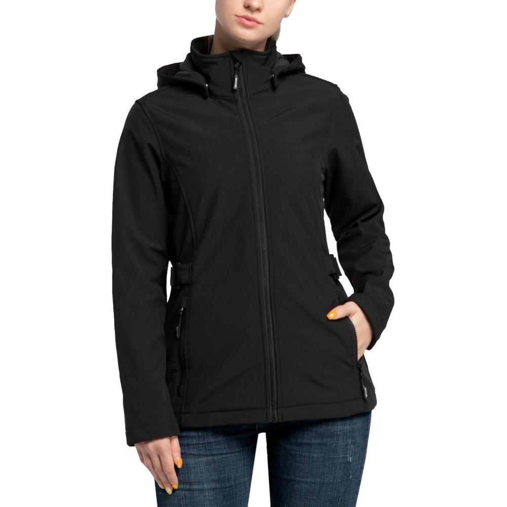 Outdoor Ventures Women’s Softshell Jacket with Removable Hood, Insulated Windbreaker Waterproof Warm Fleece Lined Coat(Black)