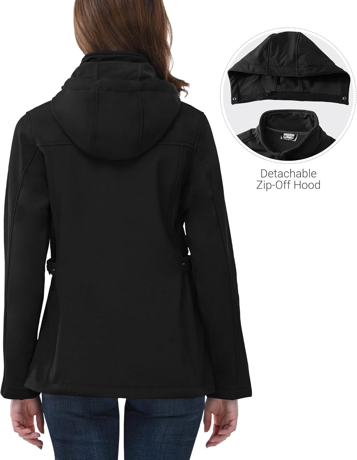Outdoor Ventures Women’s Softshell Jacket with Removable Hood, Insulated Windbreaker Waterproof Warm Fleece Lined Coat(Black)