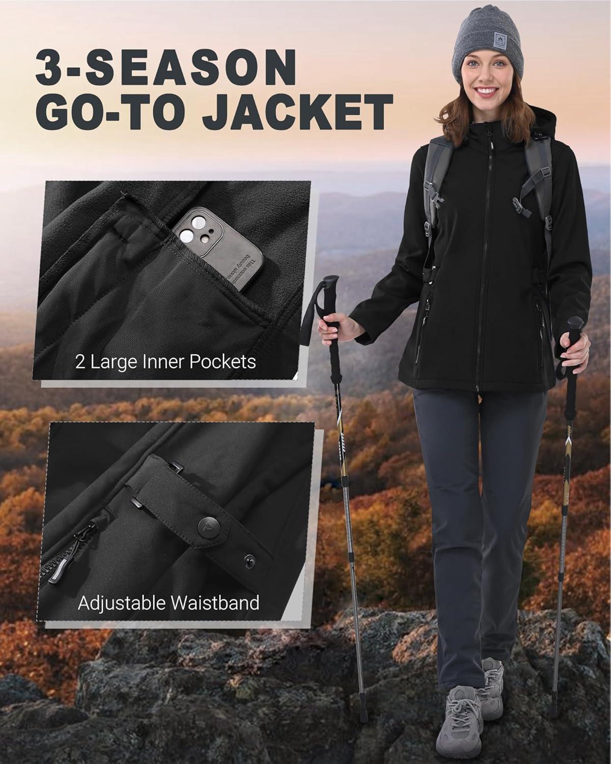 Outdoor Ventures Women’s Softshell Jacket with Removable Hood, Insulated Windbreaker Waterproof Warm Fleece Lined Coat(Black)
