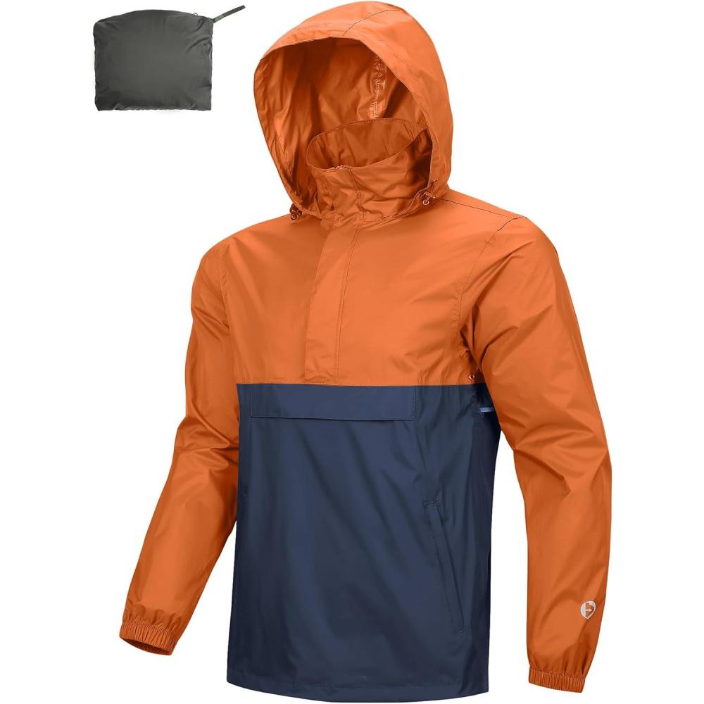 Outdoor Ventures Men’s Rain Jacket Waterproof Lightweight Packable Rain Pullover for Hiking Golf Running(Orange/Dark Blue)