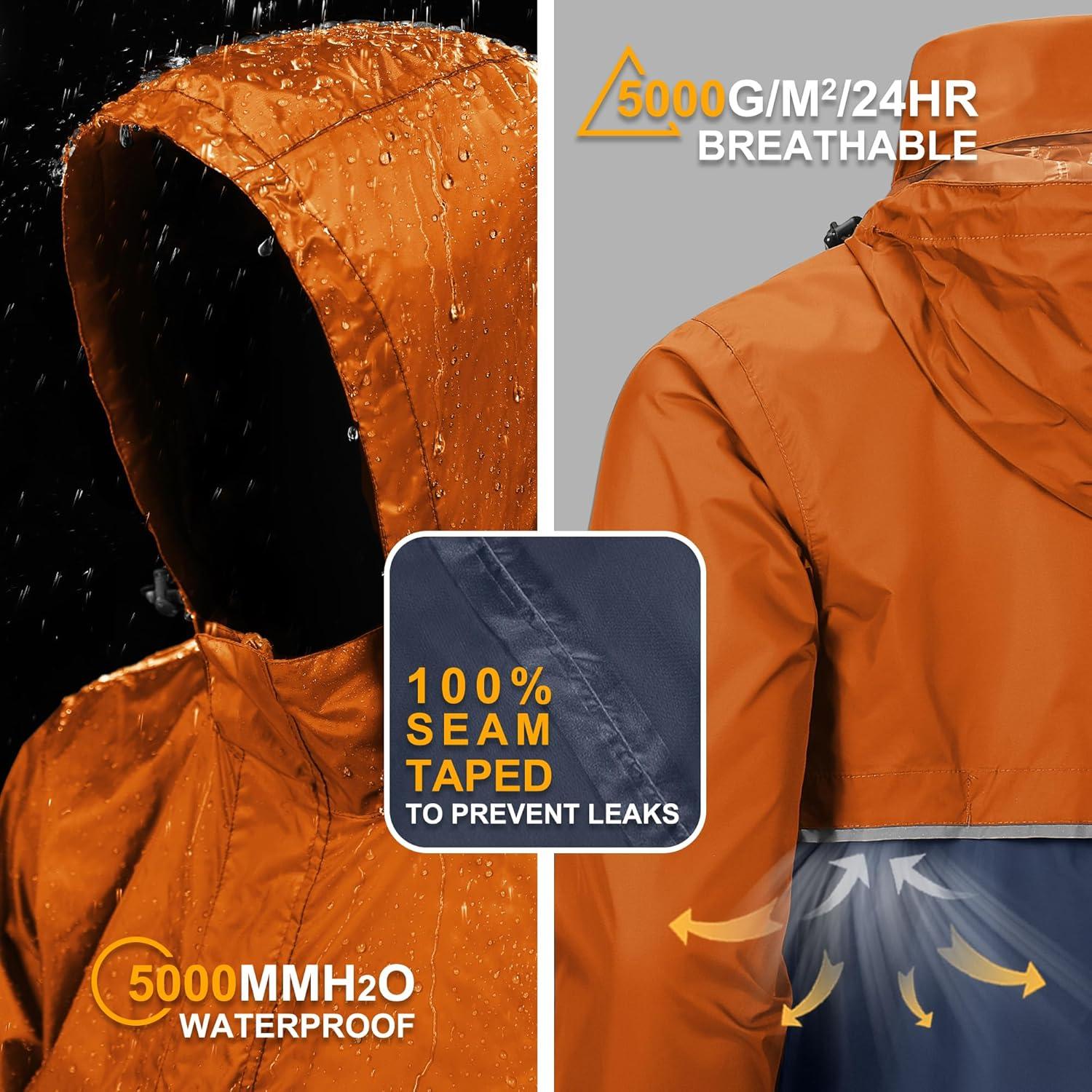 Outdoor Ventures Men’s Rain Jacket Waterproof Lightweight Packable Rain Pullover for Hiking Golf Running(Orange/Dark Blue)