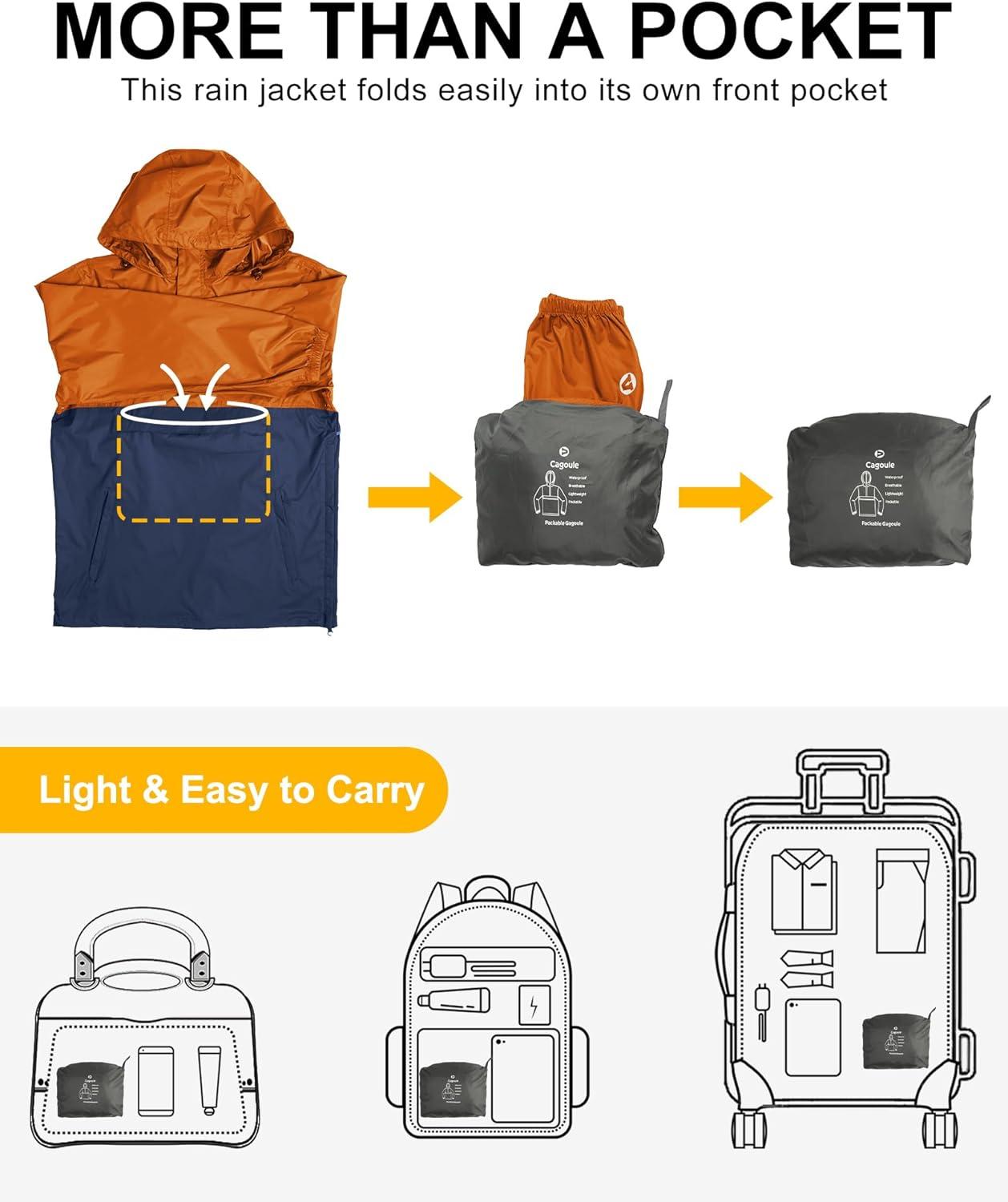 Outdoor Ventures Men’s Rain Jacket Waterproof Lightweight Packable Rain Pullover for Hiking Golf Running(Orange/Dark Blue)