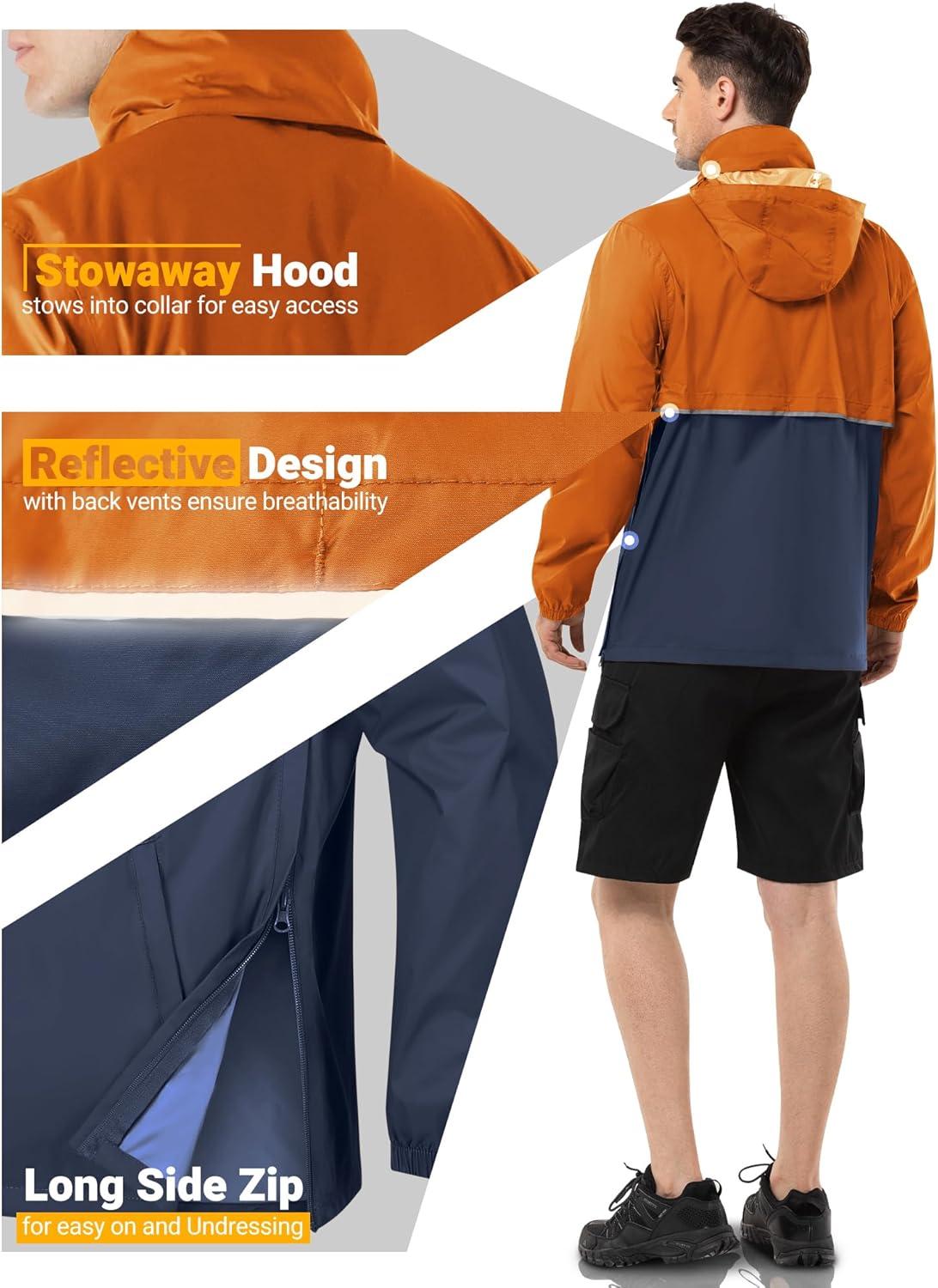 Outdoor Ventures Men’s Rain Jacket Waterproof Lightweight Packable Rain Pullover for Hiking Golf Running(Orange/Dark Blue)