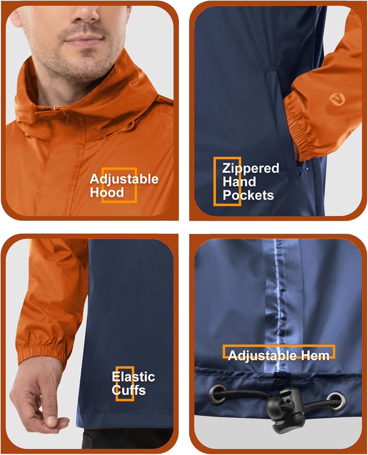 Outdoor Ventures Men’s Rain Jacket Waterproof Lightweight Packable Rain Pullover for Hiking Golf Running(Orange/Dark Blue)
