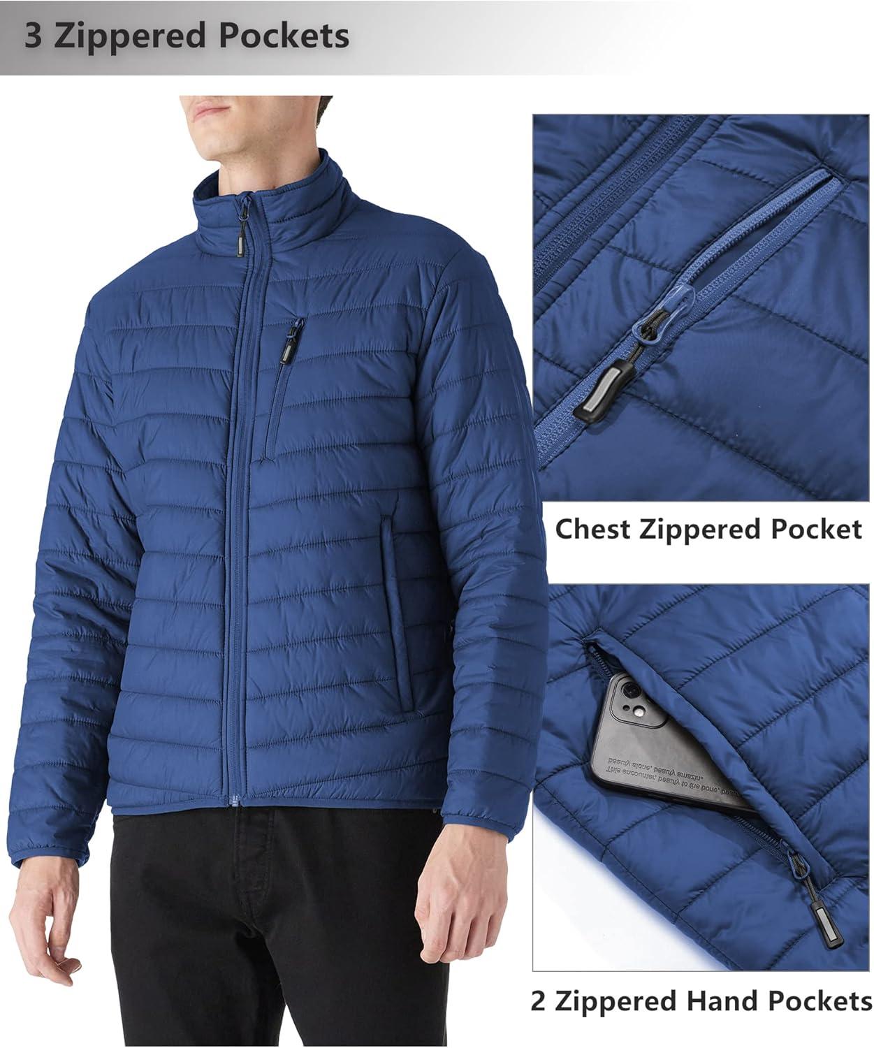 Outdoor Ventures Men’s Lightweight Packable Puffer Winter Jacket Insulated Puffy Coat for Snow Ski Hiking Travel(Collegiate Navy(fold in Pocket))