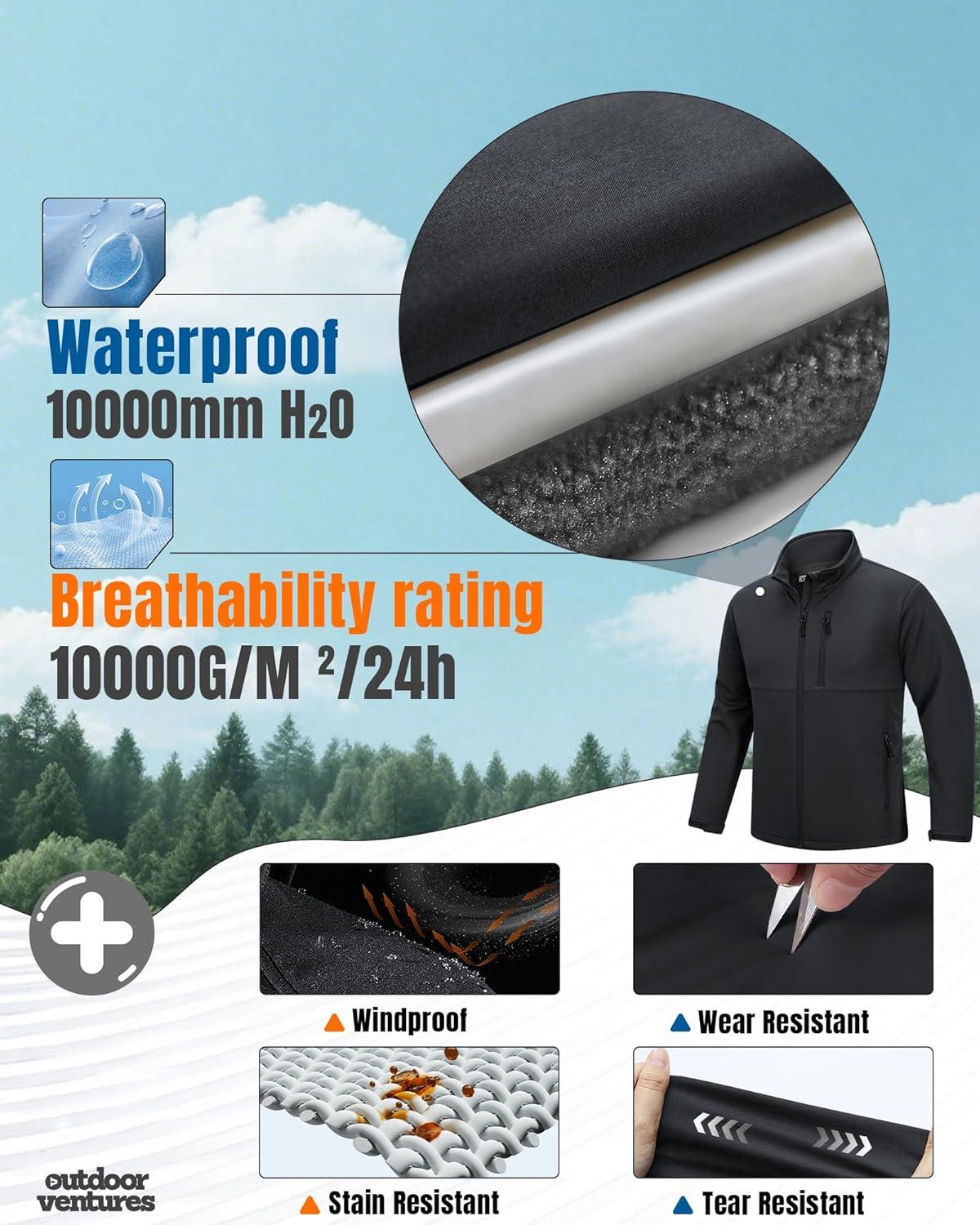 Outdoor Ventures Men’s Softshell Jacket Waterproof Fleece Lined Rain Shell Jacket Lightweight Windbreaker for Hiking Travel(Grey)