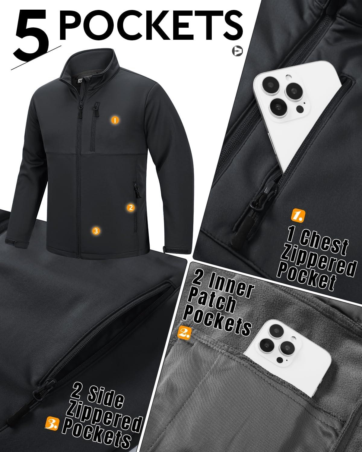 Outdoor Ventures Men’s Softshell Jacket Waterproof Fleece Lined Rain Shell Jacket Lightweight Windbreaker for Hiking Travel(Grey)