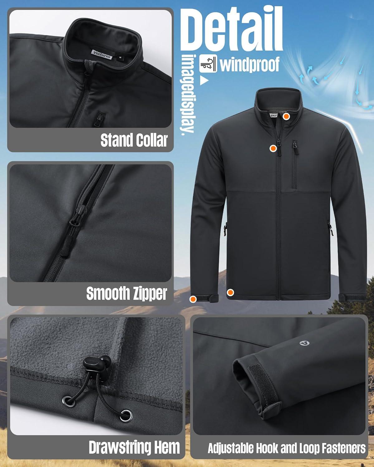 Outdoor Ventures Men’s Softshell Jacket Waterproof Fleece Lined Rain Shell Jacket Lightweight Windbreaker for Hiking Travel(Grey)
