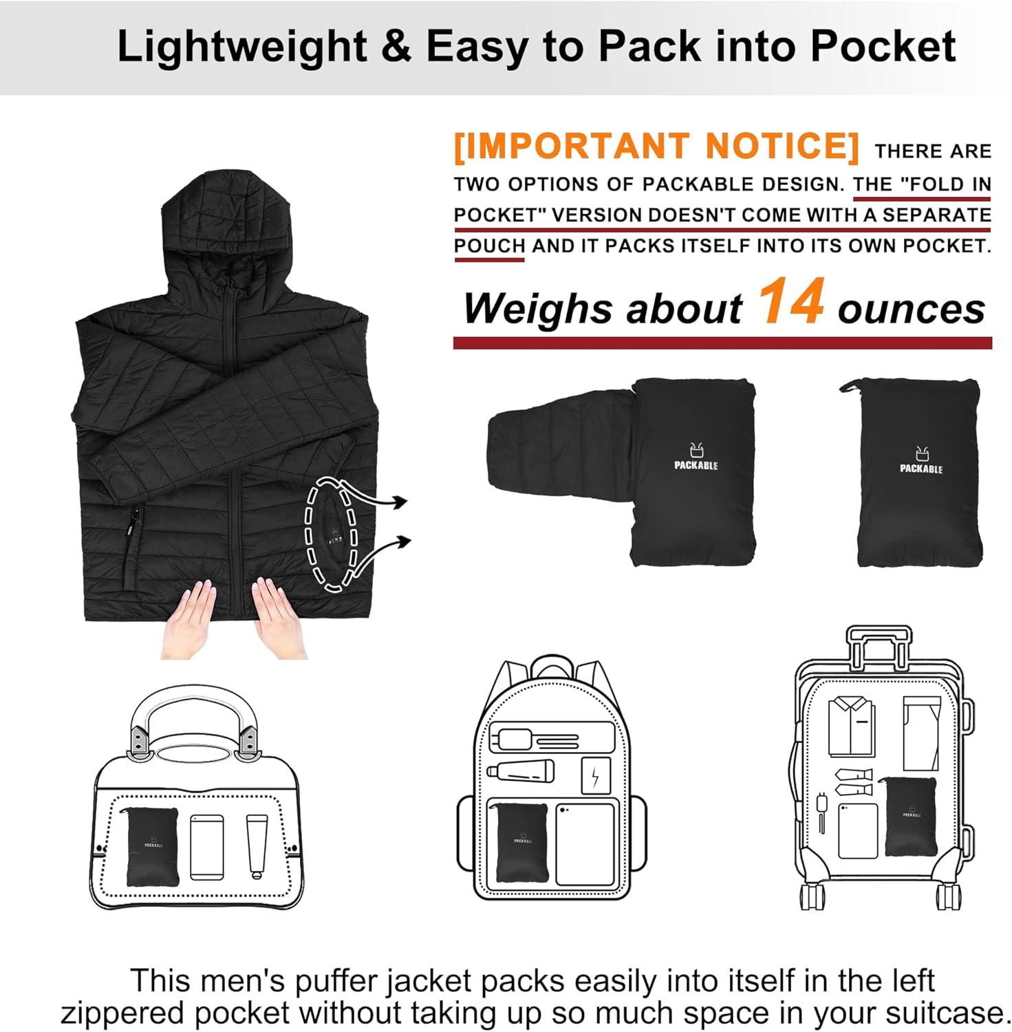 Outdoor Ventures Men’s Lightweight Packable Hooded Puffer Jacket Insulated Winter Coat for Snow Ski Traveling(New Black(fold in Pocket))