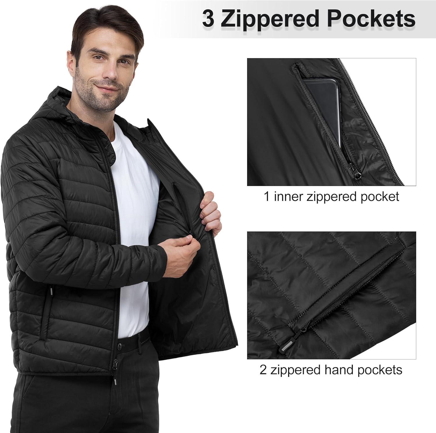Outdoor Ventures Men’s Lightweight Packable Hooded Puffer Jacket Insulated Winter Coat for Snow Ski Traveling(New Black(fold in Pocket))