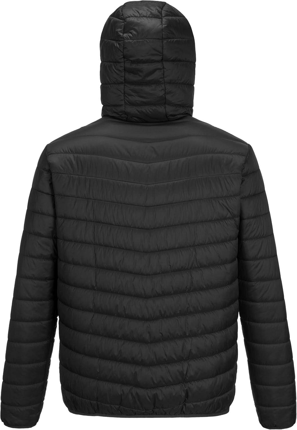 Outdoor Ventures Men’s Lightweight Packable Hooded Puffer Jacket Insulated Winter Coat for Snow Ski Traveling(New Black(fold in Pocket))
