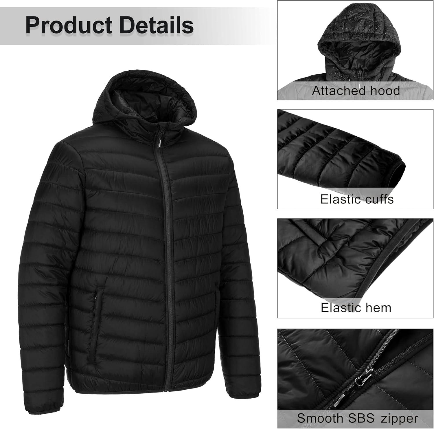 Outdoor Ventures Men’s Lightweight Packable Hooded Puffer Jacket Insulated Winter Coat for Snow Ski Traveling(New Black(fold in Pocket))