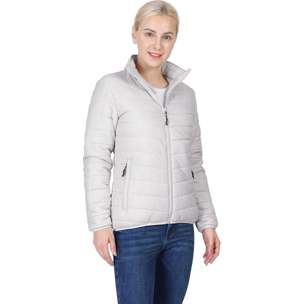 Outdoor Ventures Women’s Packable Full-Zip Short Puffer Jacket Insulated Quilted Warm Lightweight Winter Coat(Light Grey(fold in Bag))