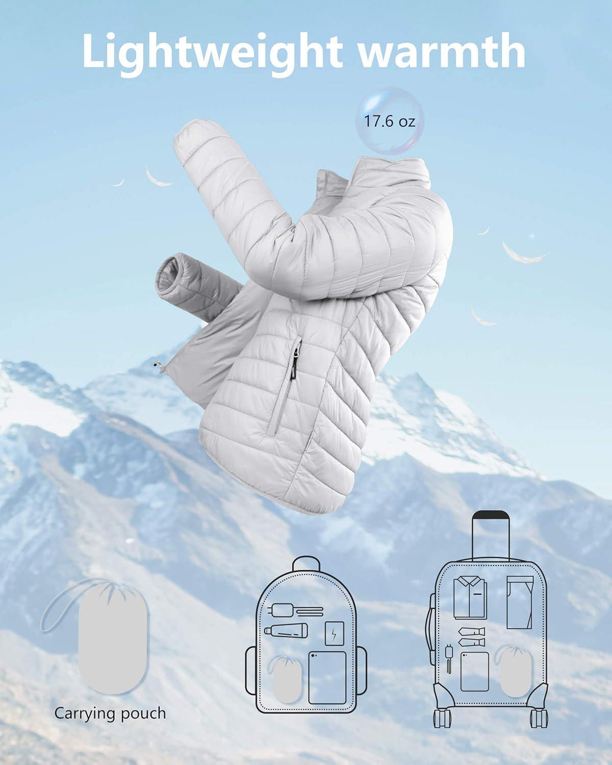 Outdoor Ventures Women’s Packable Full-Zip Short Puffer Jacket Insulated Quilted Warm Lightweight Winter Coat(Light Grey(fold in Bag))