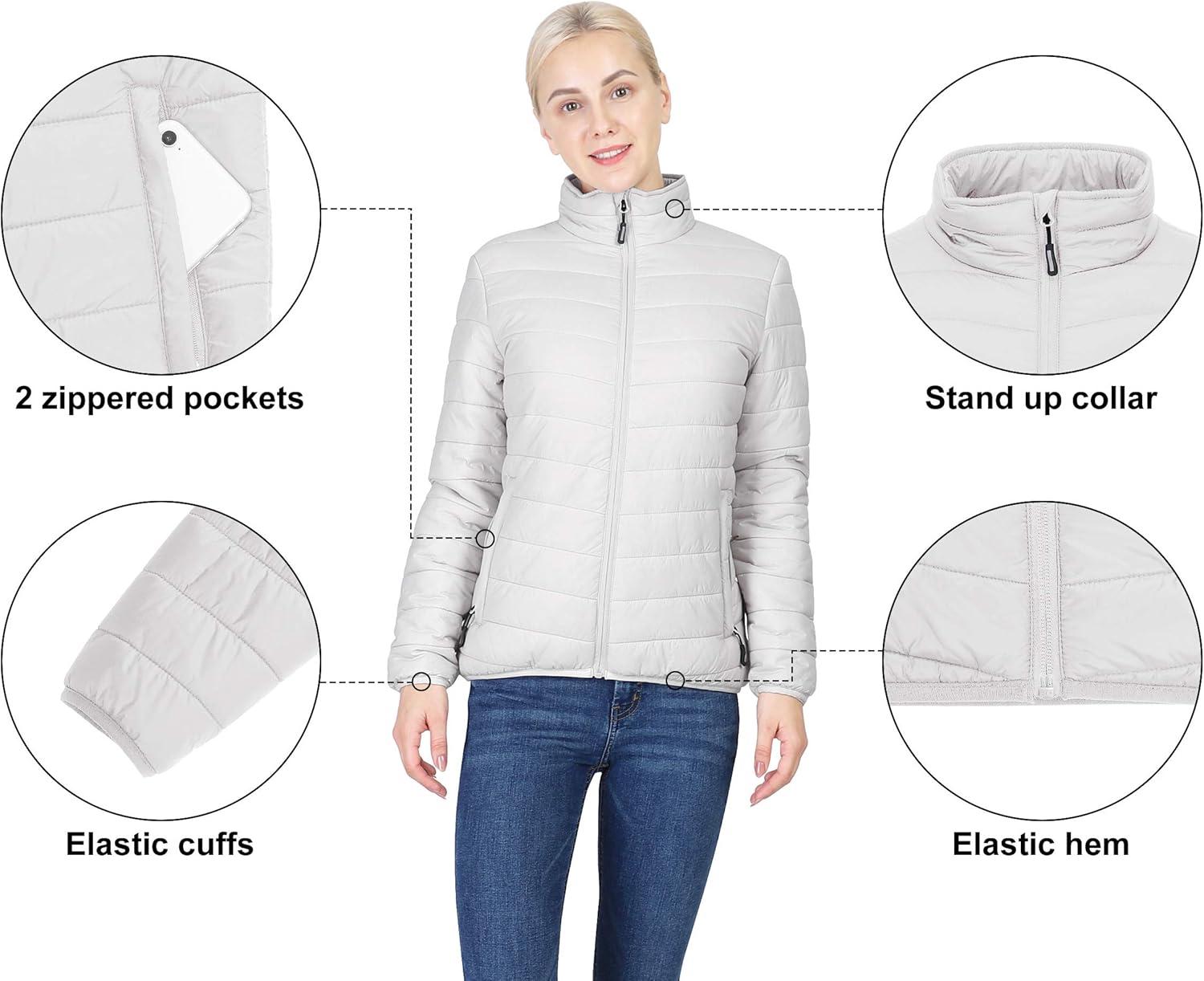 Outdoor Ventures Women’s Packable Full-Zip Short Puffer Jacket Insulated Quilted Warm Lightweight Winter Coat(Light Grey(fold in Bag))