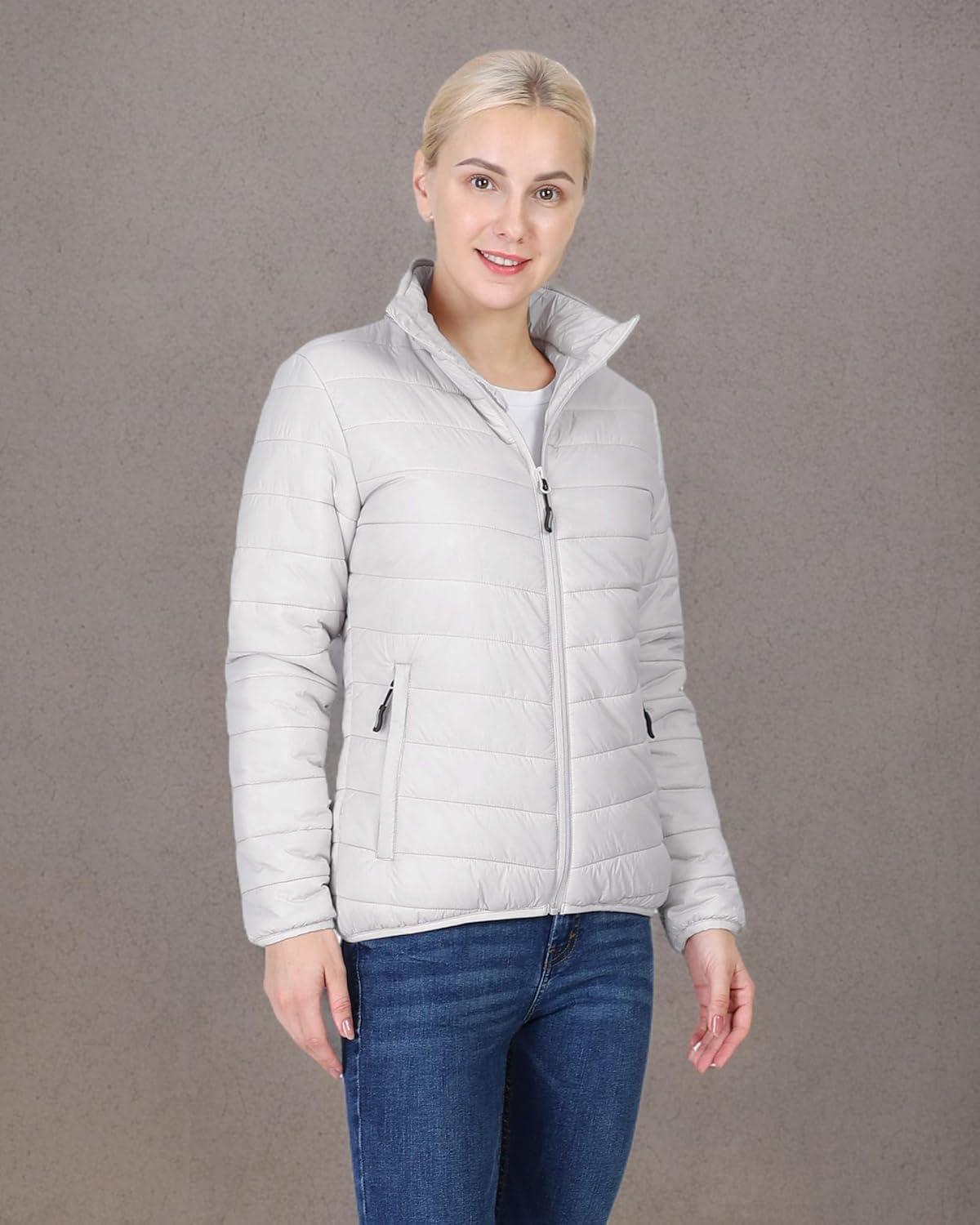 Outdoor Ventures Women’s Packable Full-Zip Short Puffer Jacket Insulated Quilted Warm Lightweight Winter Coat(Light Grey(fold in Bag))