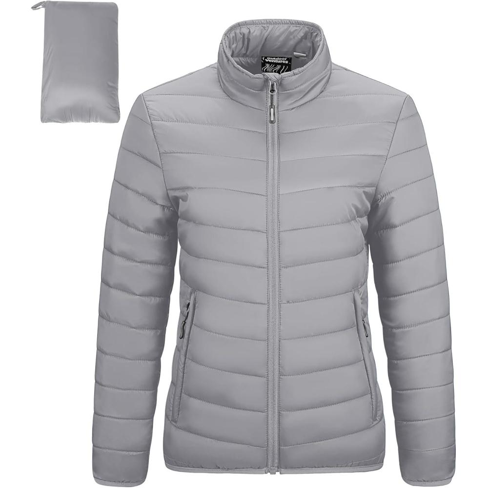 Outdoor Ventures Women’s Packable Full-Zip Short Puffer Jacket Insulated Quilted Warm Lightweight Winter Coat(Foggy Gray(fold in Pocket))