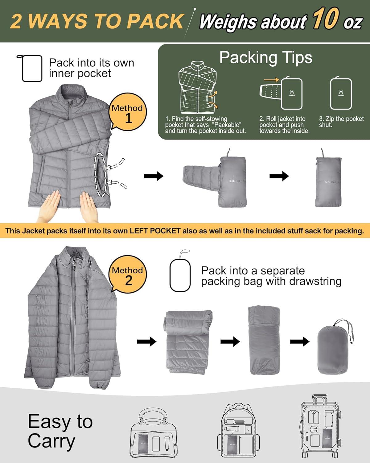 Outdoor Ventures Women’s Packable Full-Zip Short Puffer Jacket Insulated Quilted Warm Lightweight Winter Coat(Foggy Gray(fold in Pocket))