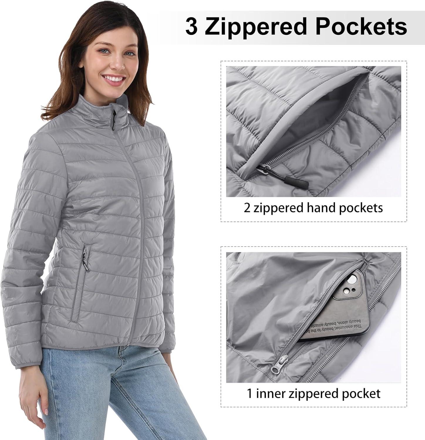 Outdoor Ventures Women’s Packable Full-Zip Short Puffer Jacket Insulated Quilted Warm Lightweight Winter Coat(Foggy Gray(fold in Pocket))