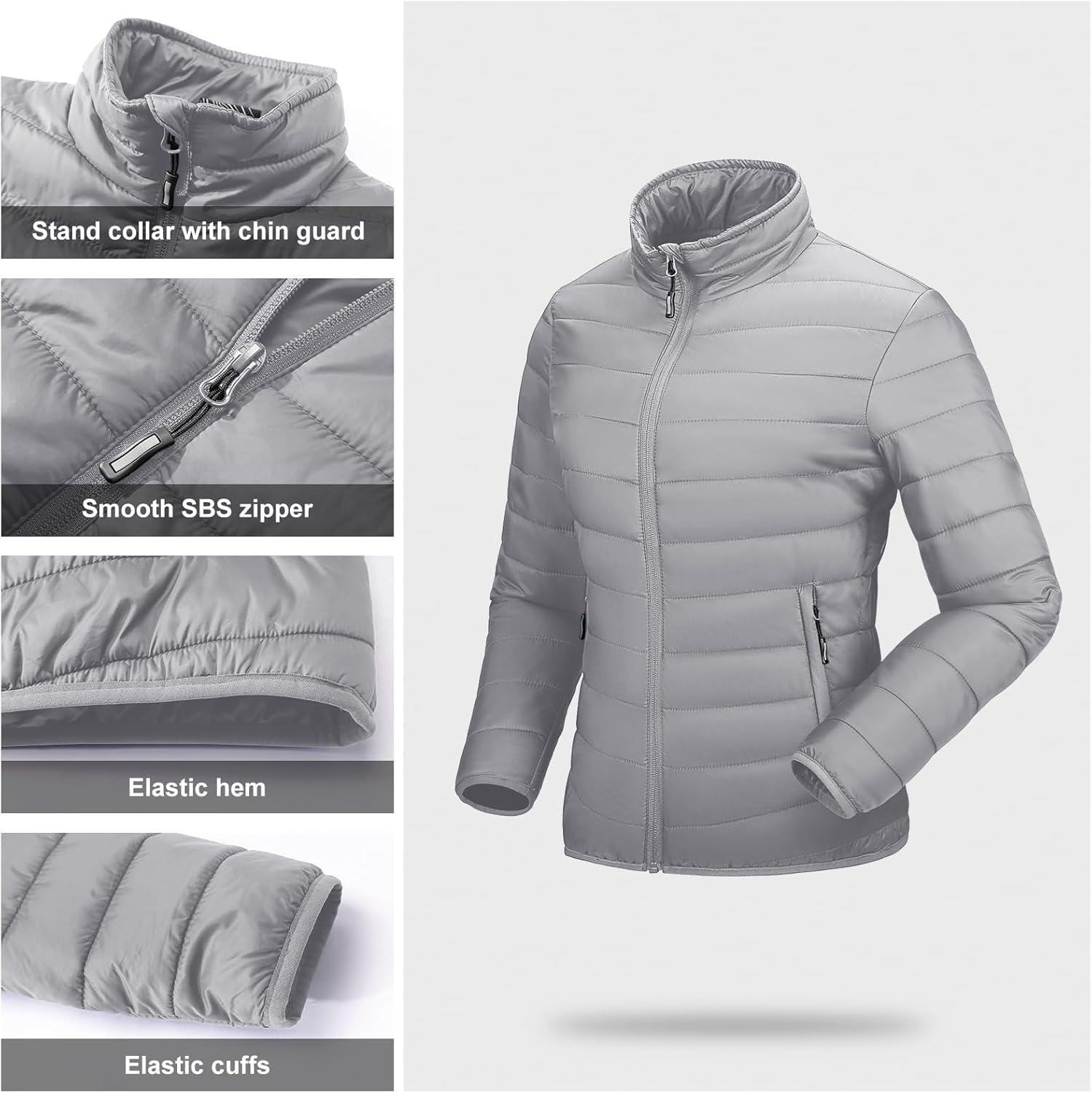 Outdoor Ventures Women’s Packable Full-Zip Short Puffer Jacket Insulated Quilted Warm Lightweight Winter Coat(Foggy Gray(fold in Pocket))