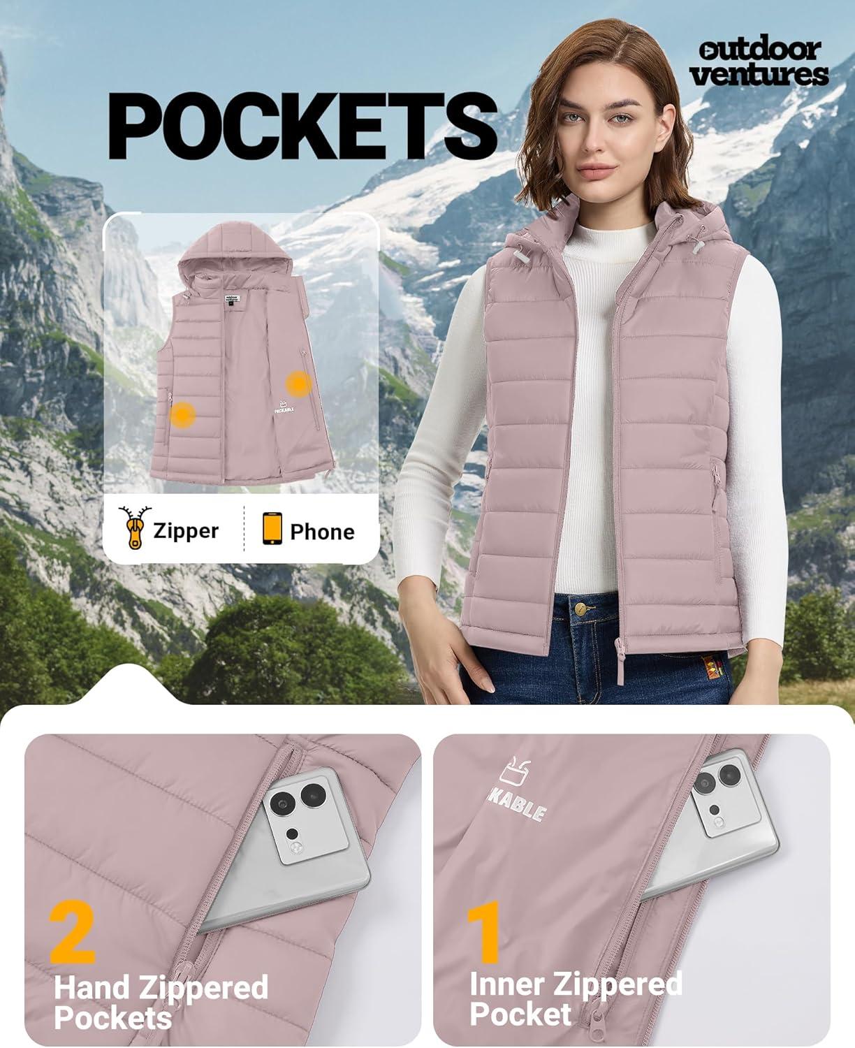 Outdoor Ventures Women’s Lightweight Packable Hooded Puffer Vest Outerwear Zip Up Warm Sleeveless Winter Jacket Quilted Coat(Pale Rosy)