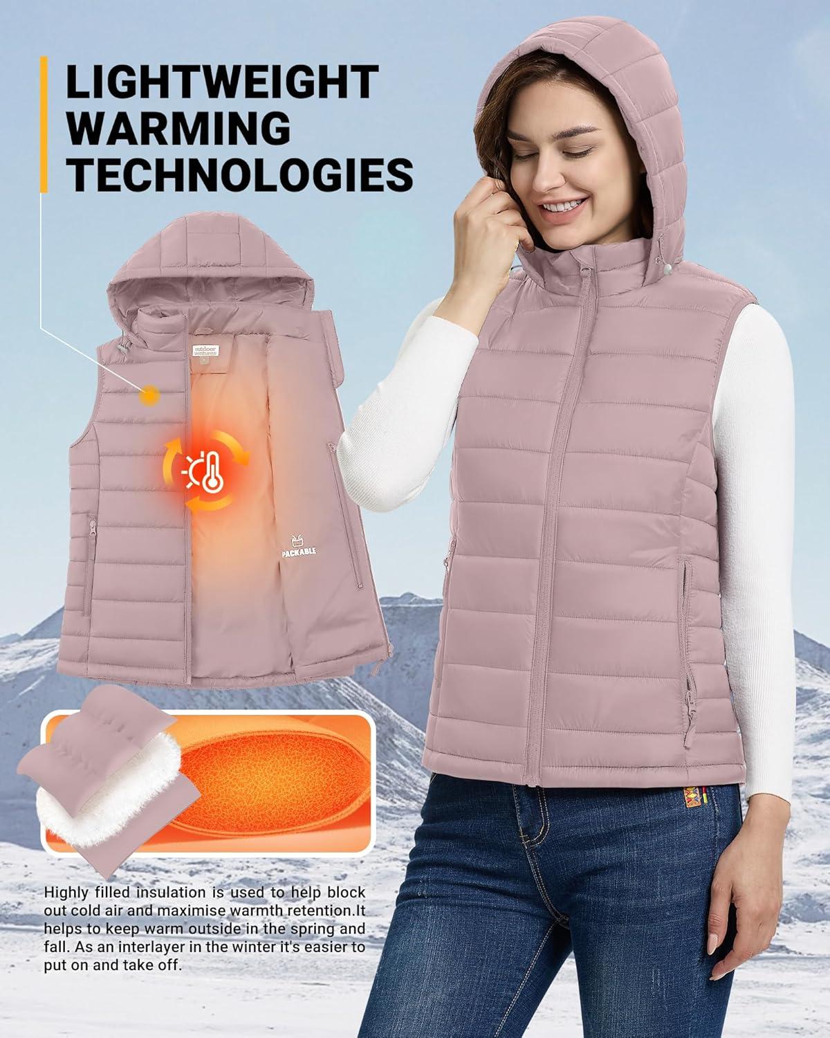 Outdoor Ventures Women’s Lightweight Packable Hooded Puffer Vest Outerwear Zip Up Warm Sleeveless Winter Jacket Quilted Coat(Pale Rosy)