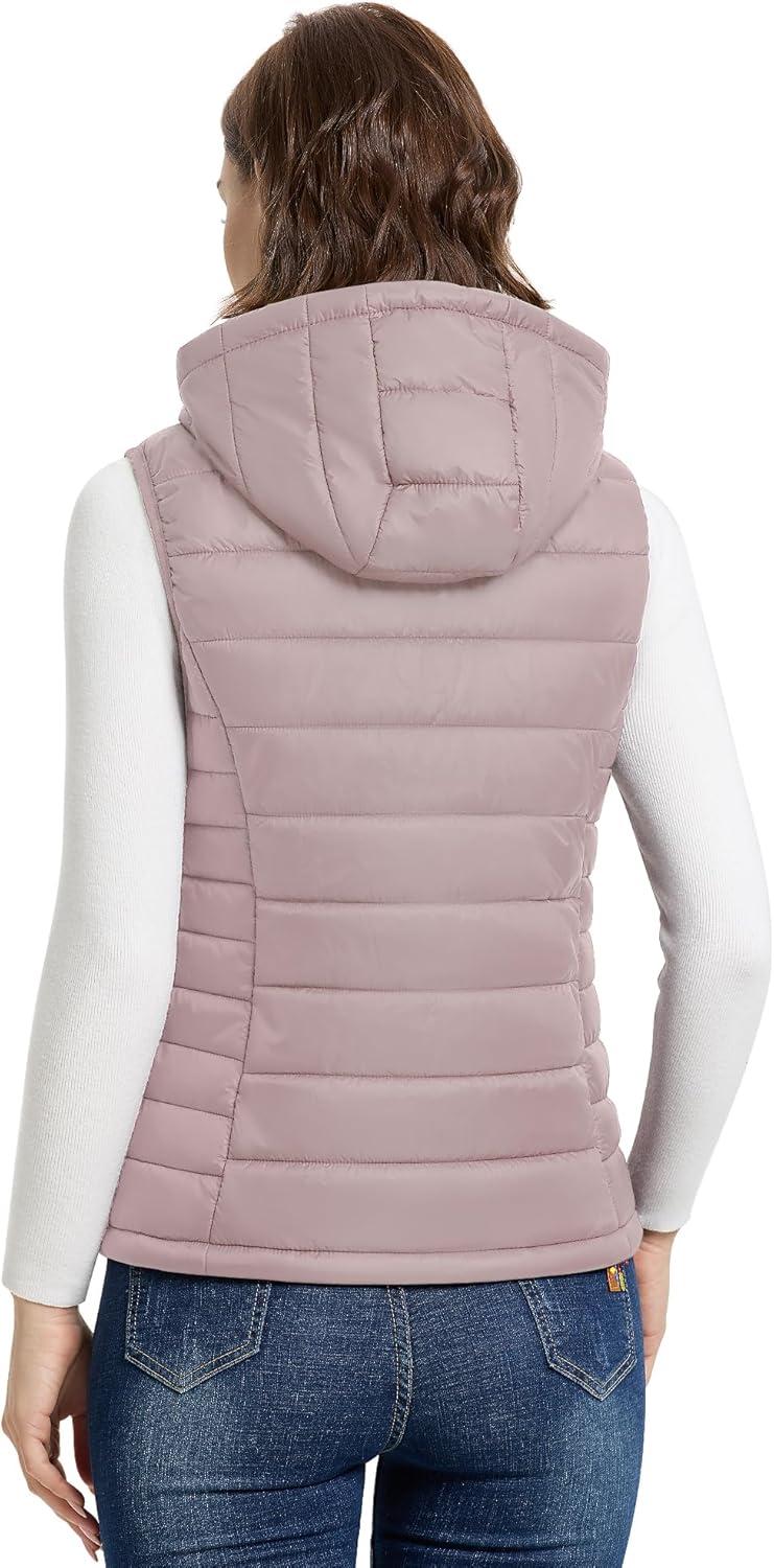 Outdoor Ventures Women’s Lightweight Packable Hooded Puffer Vest Outerwear Zip Up Warm Sleeveless Winter Jacket Quilted Coat(Pale Rosy)
