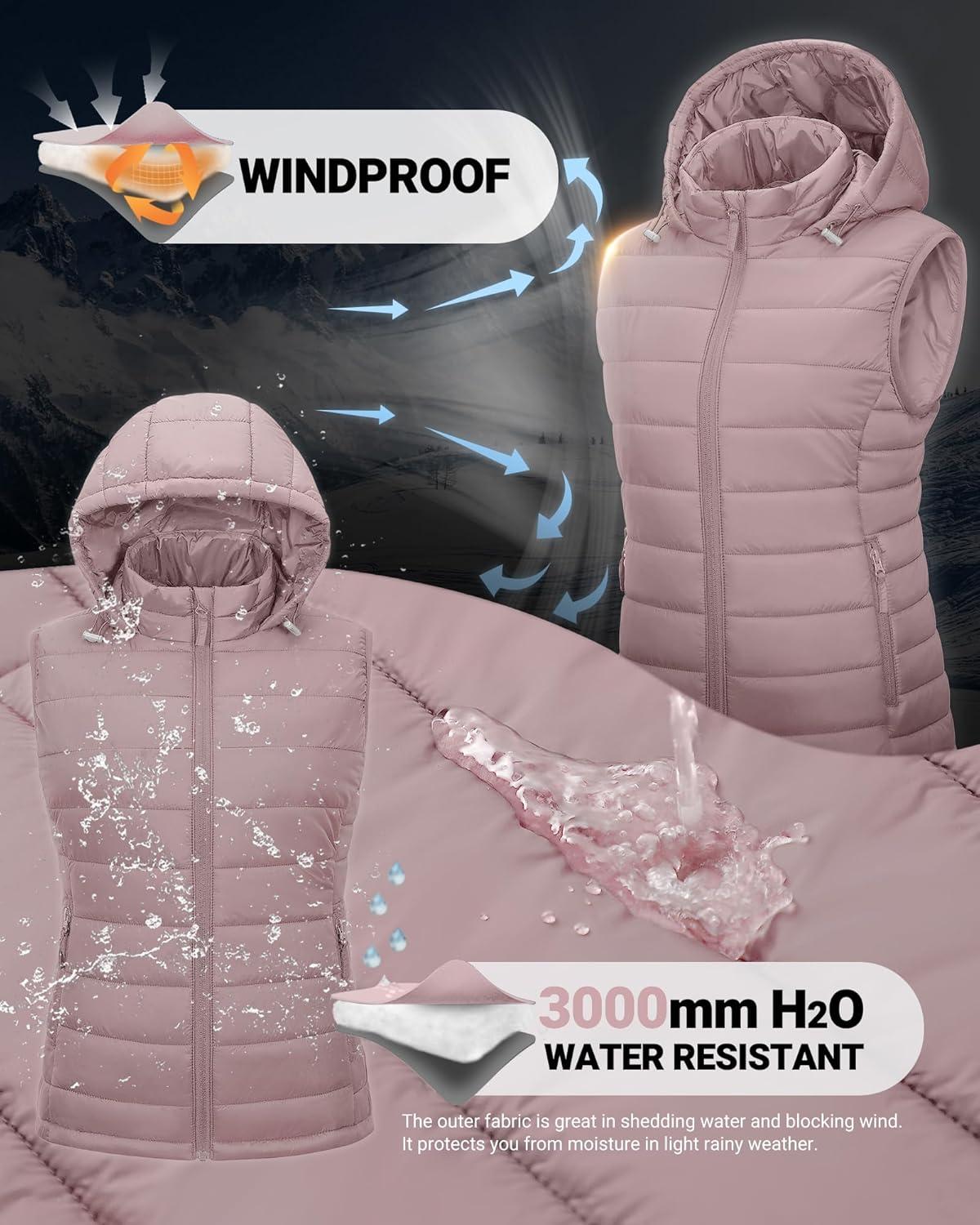 Outdoor Ventures Women’s Lightweight Packable Hooded Puffer Vest Outerwear Zip Up Warm Sleeveless Winter Jacket Quilted Coat(Pale Rosy)
