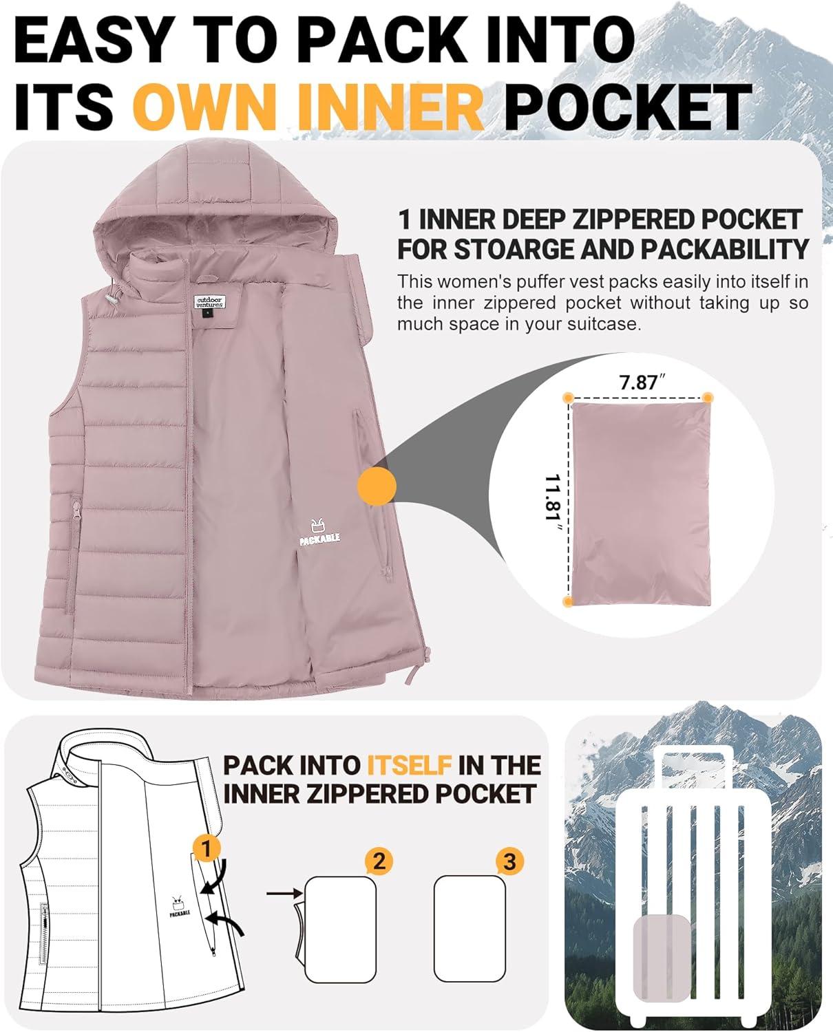 Outdoor Ventures Women’s Lightweight Packable Hooded Puffer Vest Outerwear Zip Up Warm Sleeveless Winter Jacket Quilted Coat(Pale Rosy)