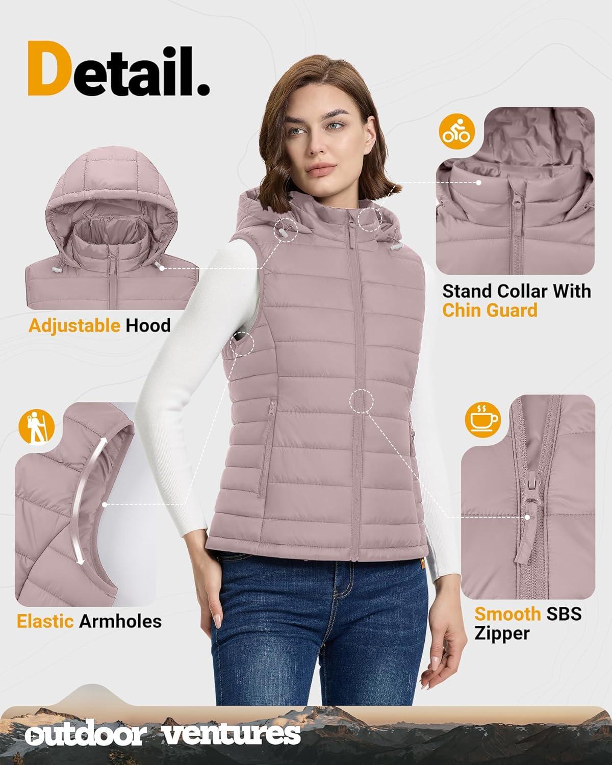 Outdoor Ventures Women’s Lightweight Packable Hooded Puffer Vest Outerwear Zip Up Warm Sleeveless Winter Jacket Quilted Coat(Pale Rosy)