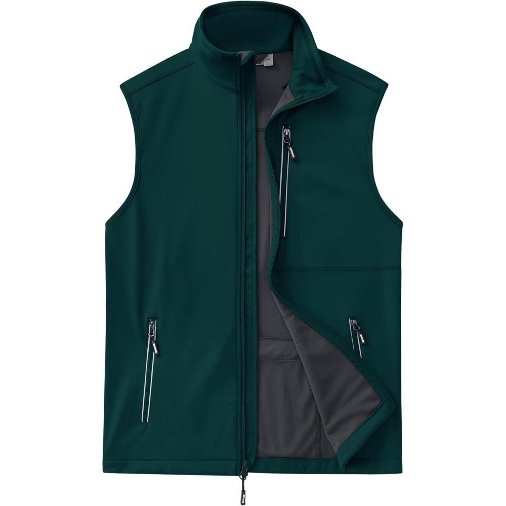Outdoor Ventures Men’s Windproof Softshell Vest Outerwear Lightweight Sleeveless Jacket for Running Golf Hiking Travel(Dark Green)